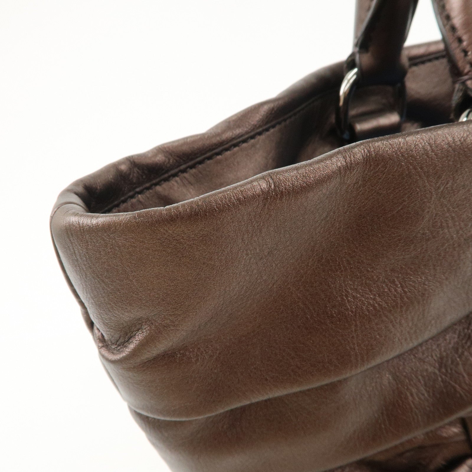 Prada Gathered Leather Tote Bag Hand Bag Bronze Silver HDW BN1719 Used