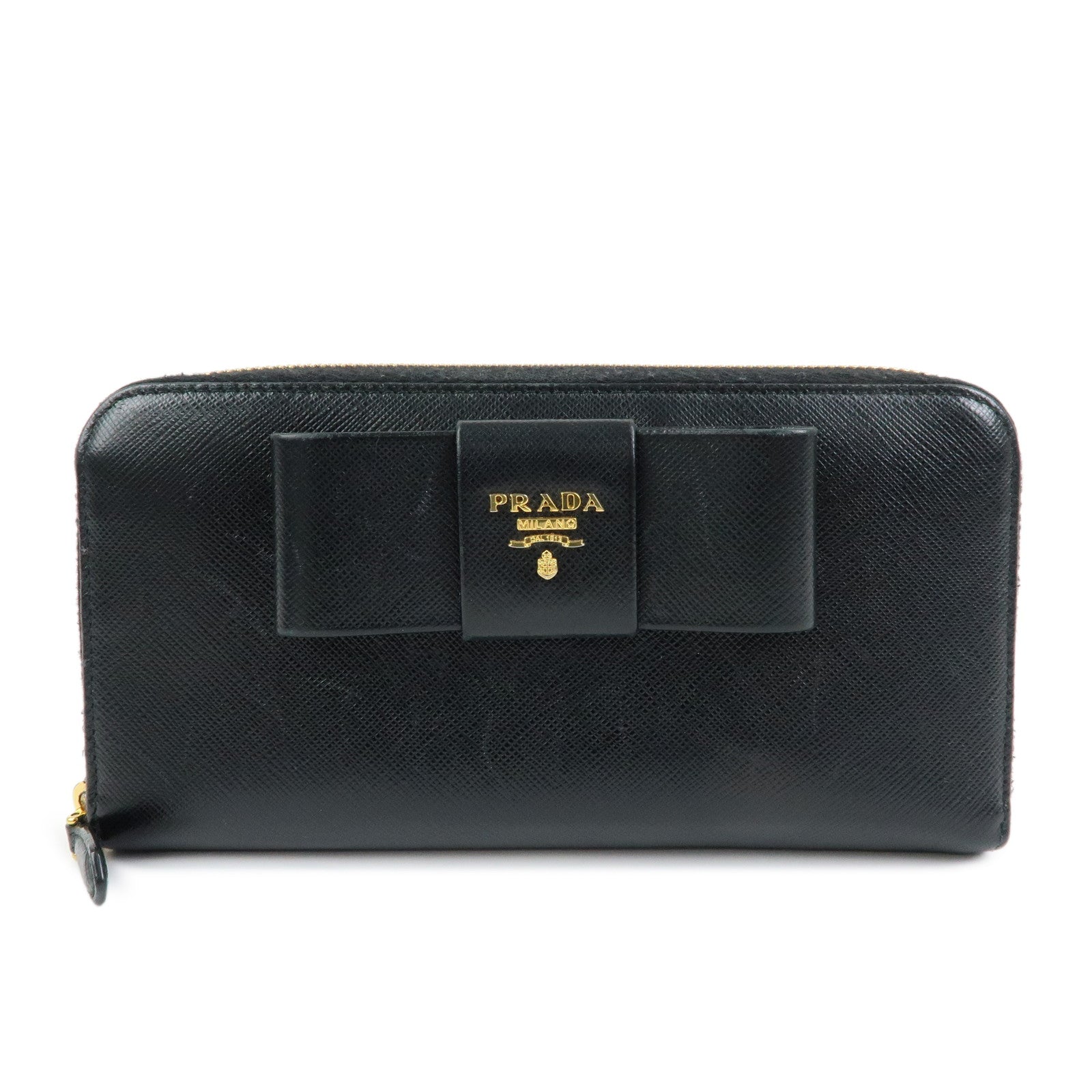 PRADA Logo Saffiano Leather Round Zippy Long Wallet Ribbon 1ML506