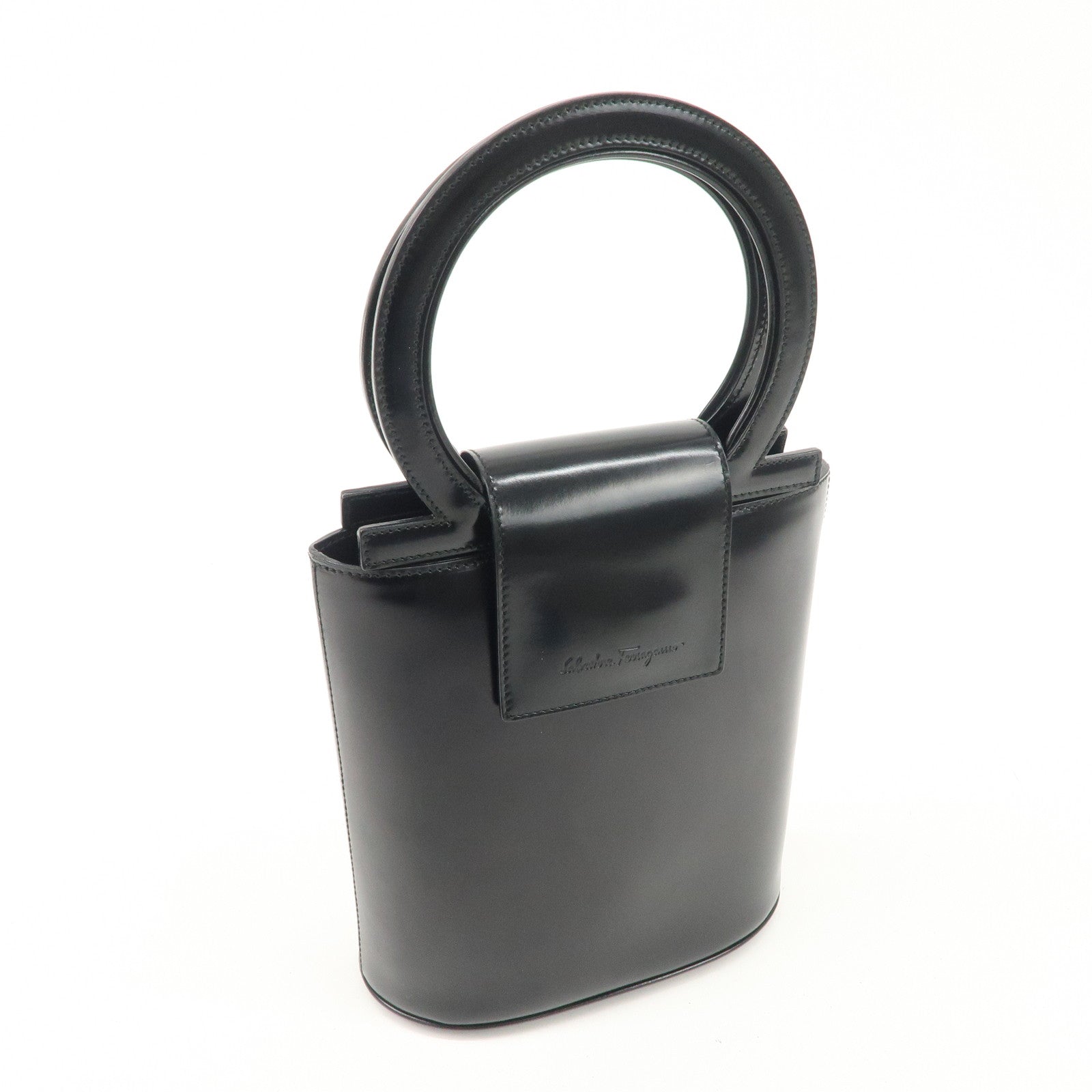 Ferragamo Gancini Leather Hand Bag Black Gold Hardware Used