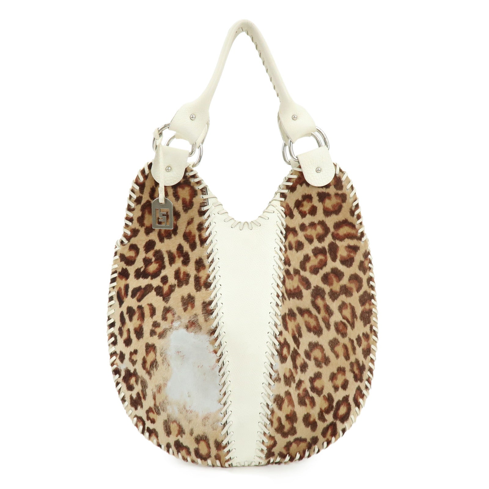 FENDI Unborn Calf Leather Tote Bag Leopard White Beige 8BR285