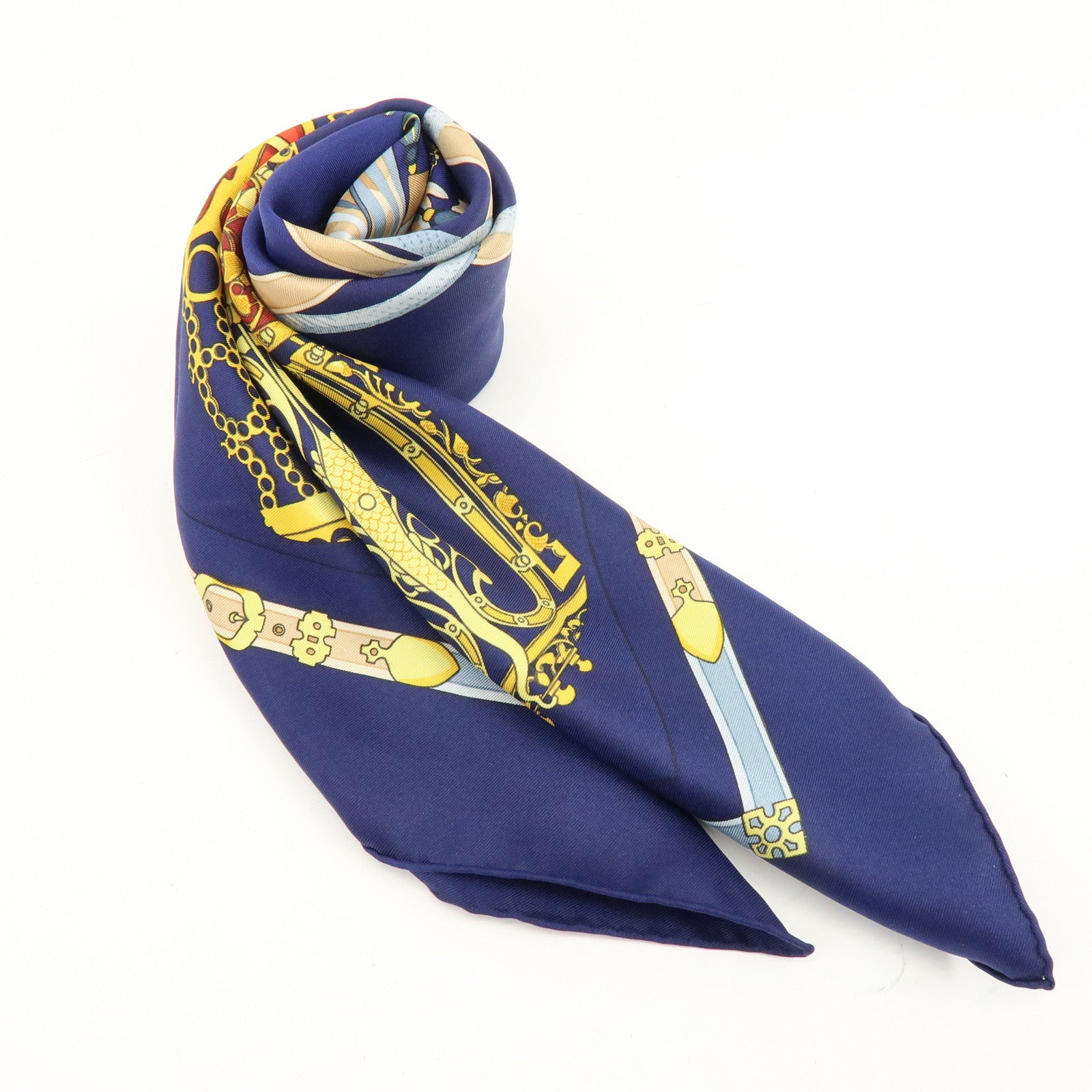 HERMES Carre 90 Silk 100% LES MUSEROLLES Scarf Navy