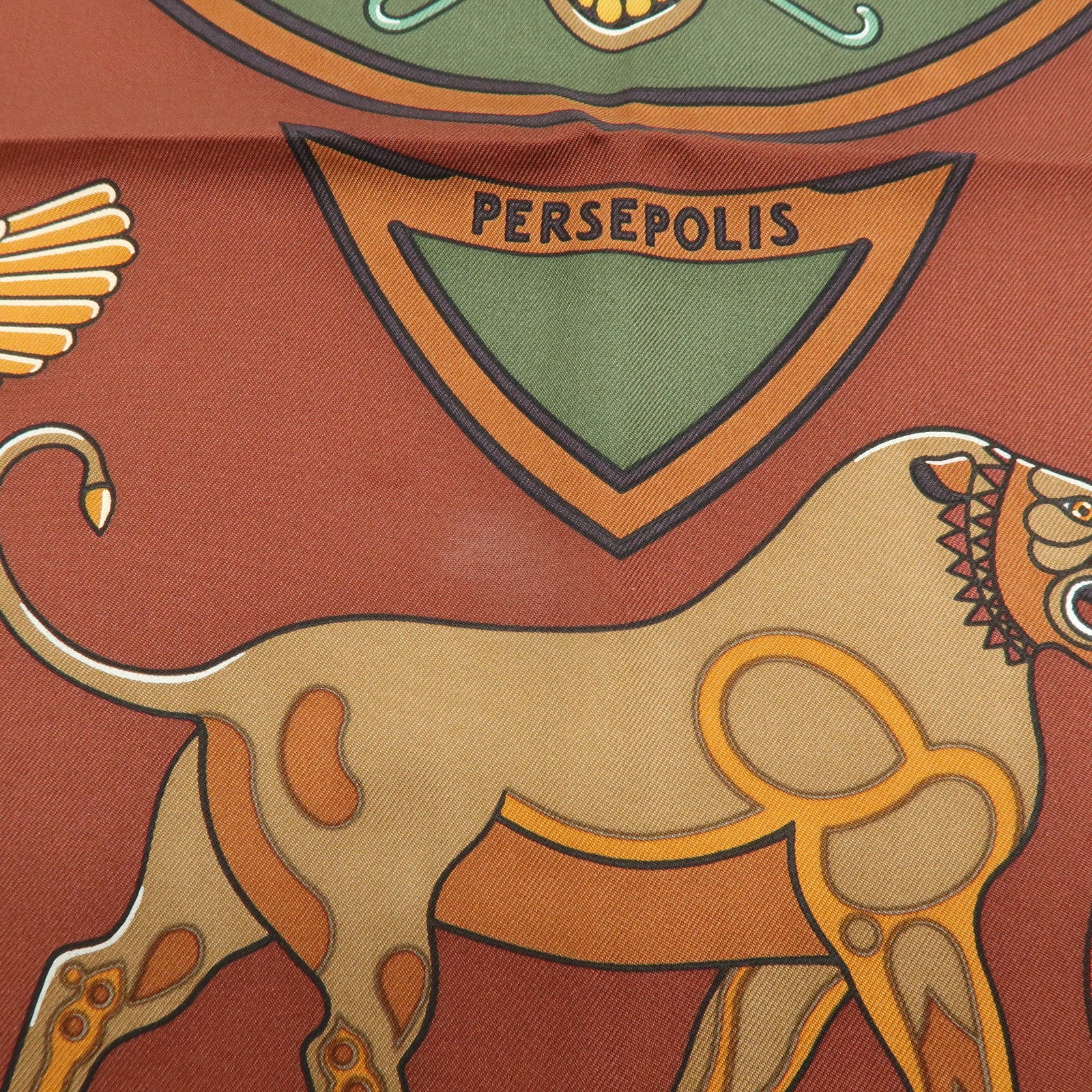 HERMES Carre 90 Silk 100% Scarf PERSEPOLIS Persian Print Brown