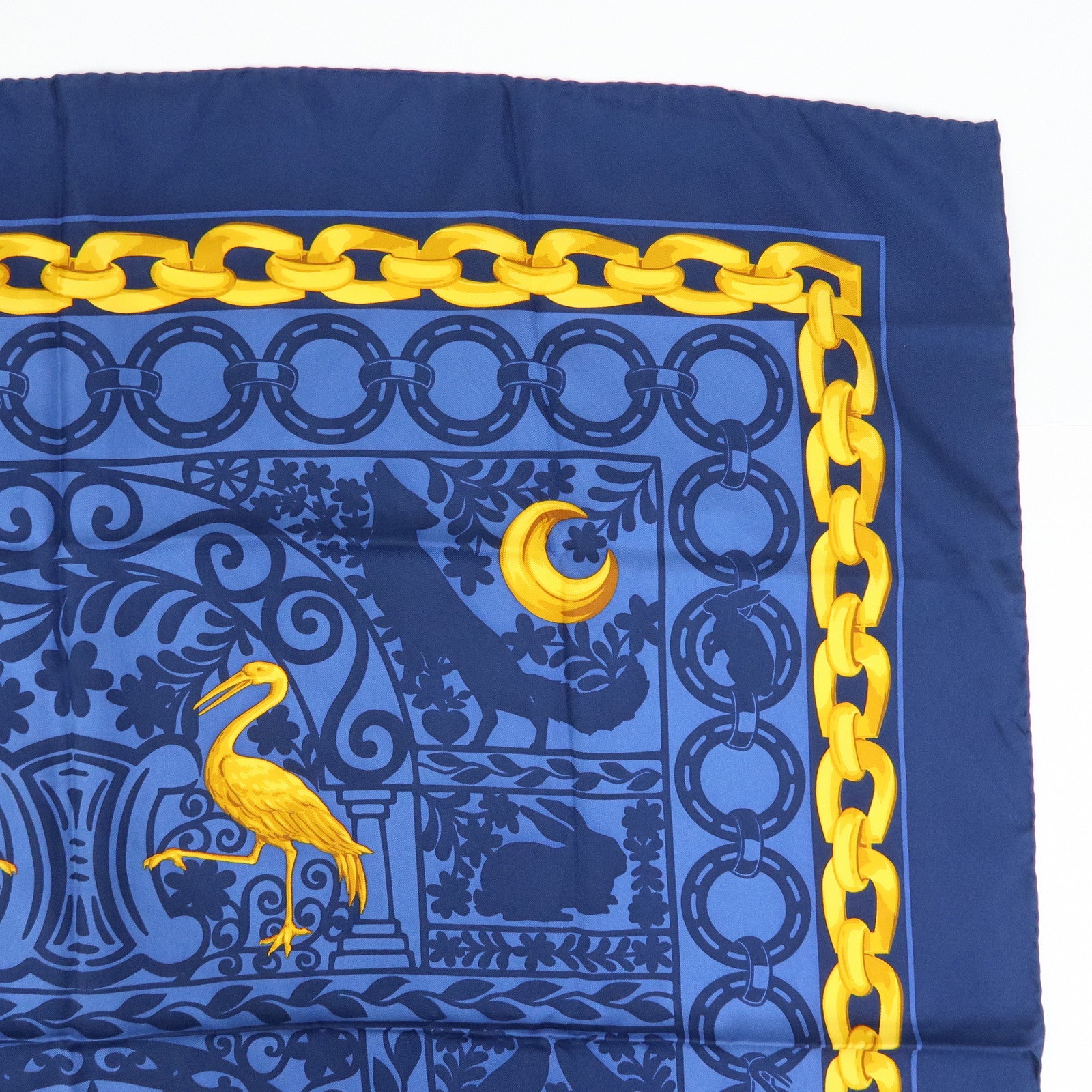 CELINE Silk 100% Scarf Lion Chain Motif Blue Yellow