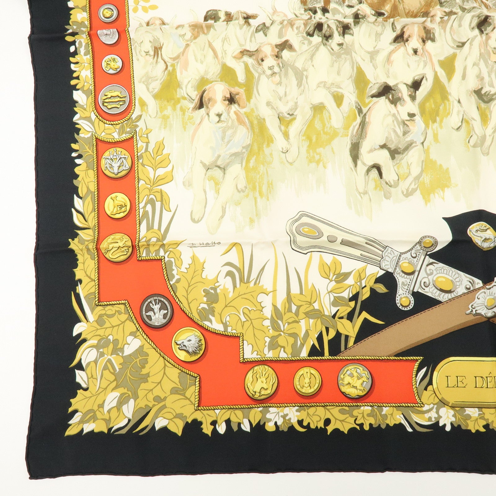 HERMES Carre 90 Silk 100% Scarf Le Debuche Black Red Beige