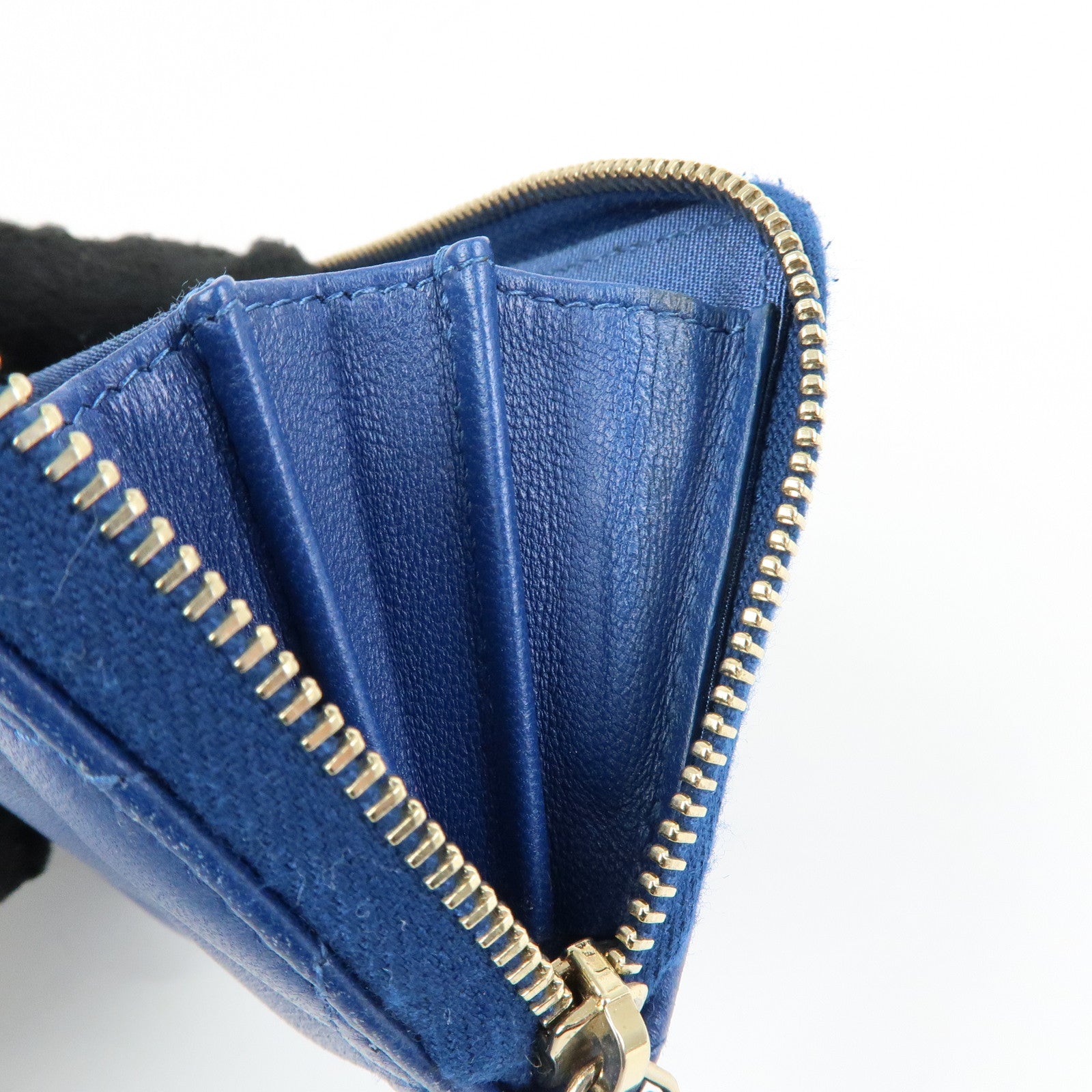 CHANEL Matelasse COCO Mark Lamb Skin Coin Case Card Case Blue
