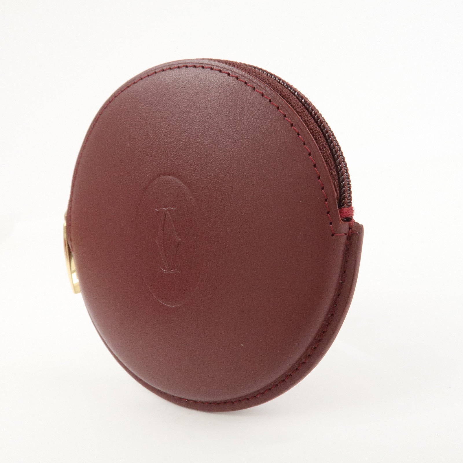 Cartier Must Line Leather Coin Case Coin Purse Wine Red