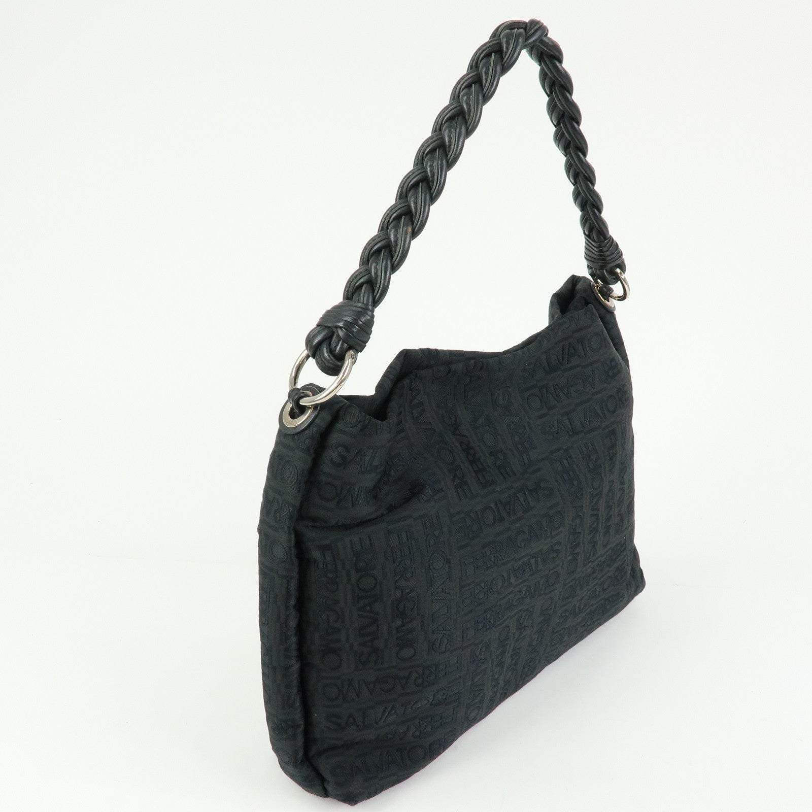 Ferragamo Canvas Leather Shoulder Bag Tote Bag Hand Bag Black