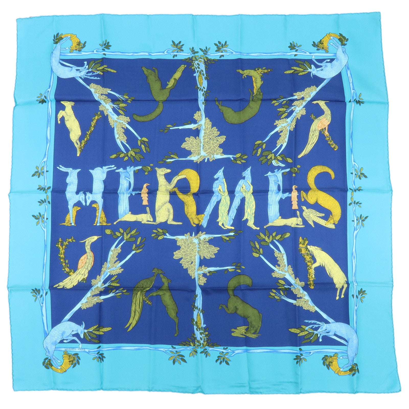 HERMES Carre 90 Silk 100% Scarf Annie Faivre Animal Print Blue