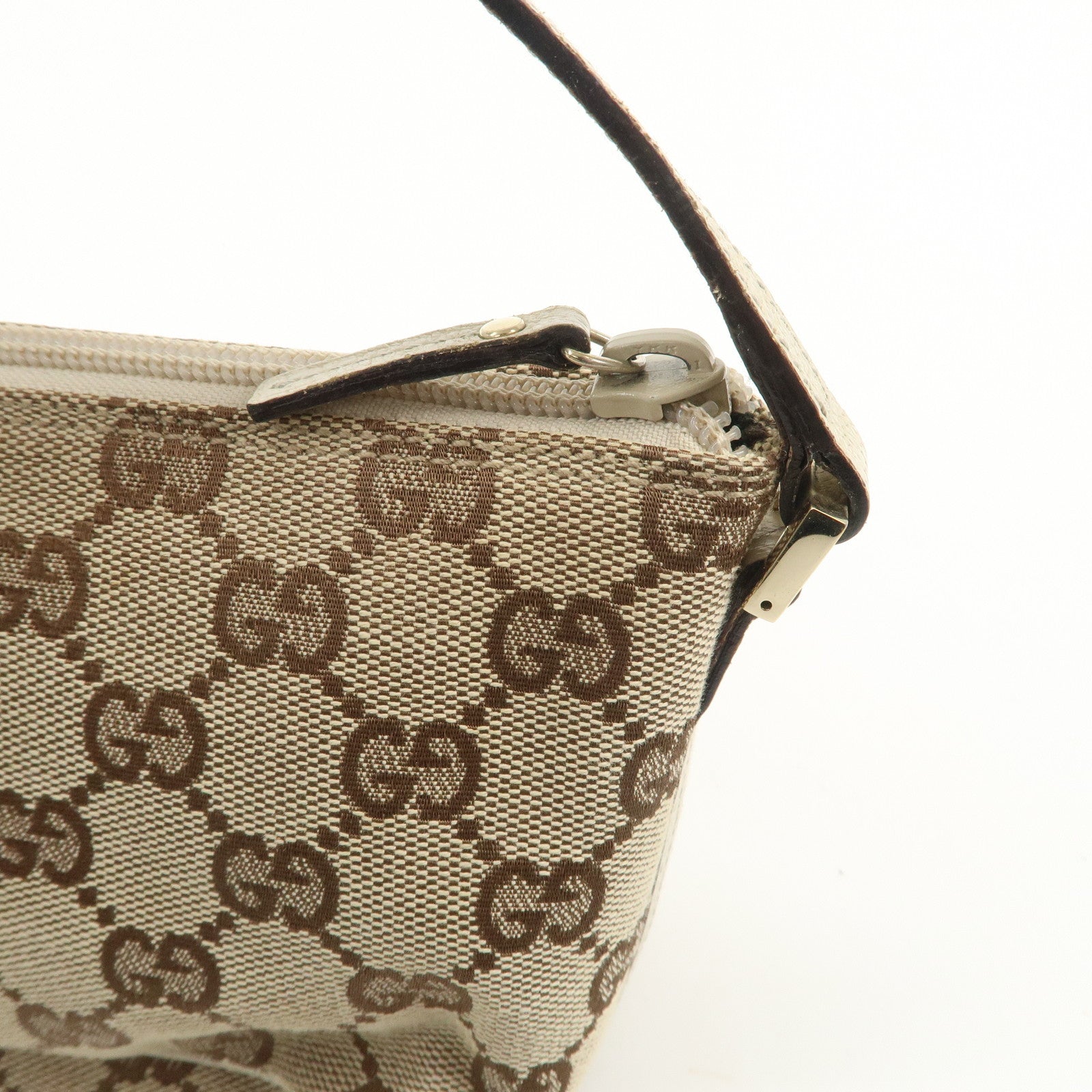 GUCCI Boat Bag GG Canvas Leather Hand Bag Pouch Brown Ivory 07198