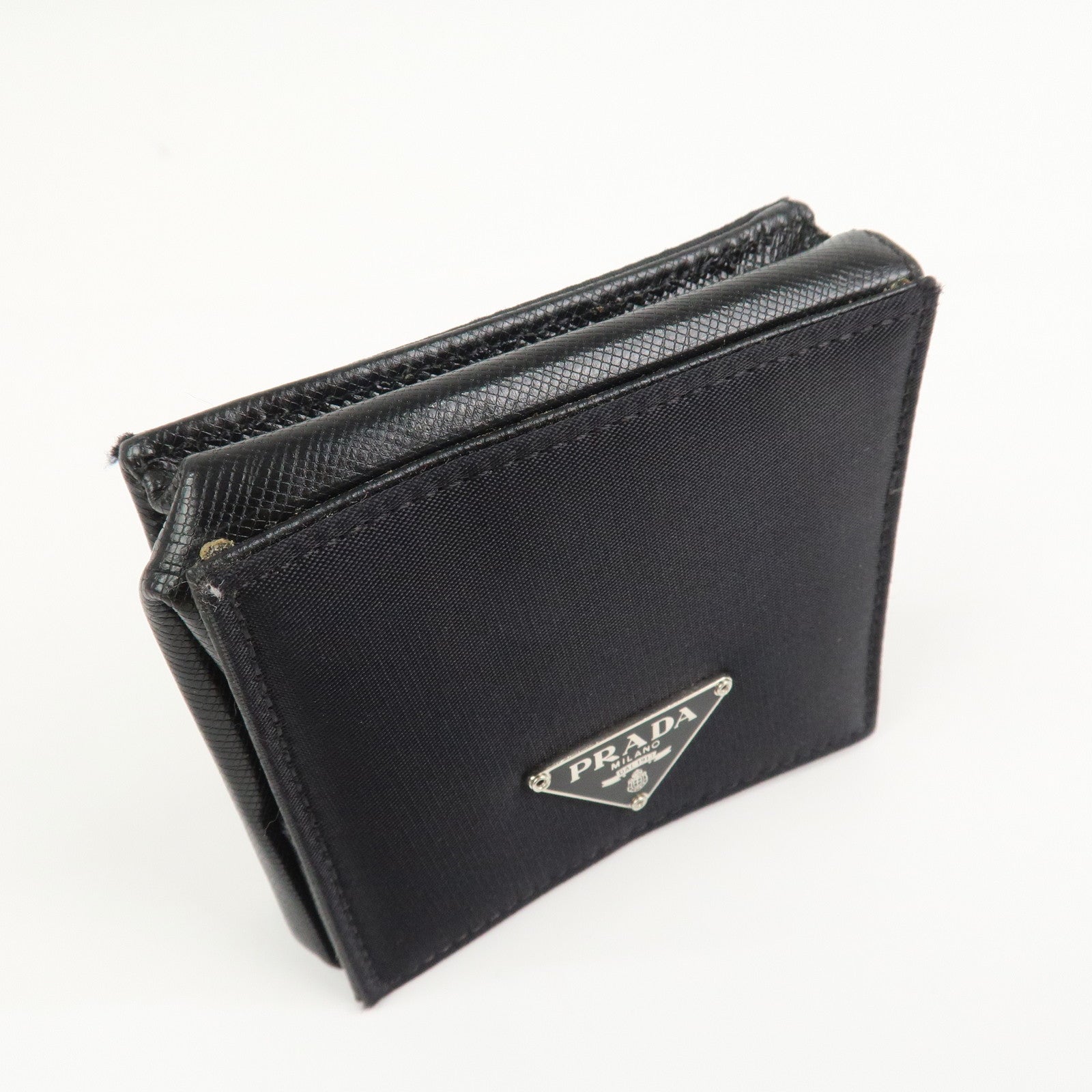 PRADA Triangle Logo Nylon Saffiano Leather Coin Case Black M634