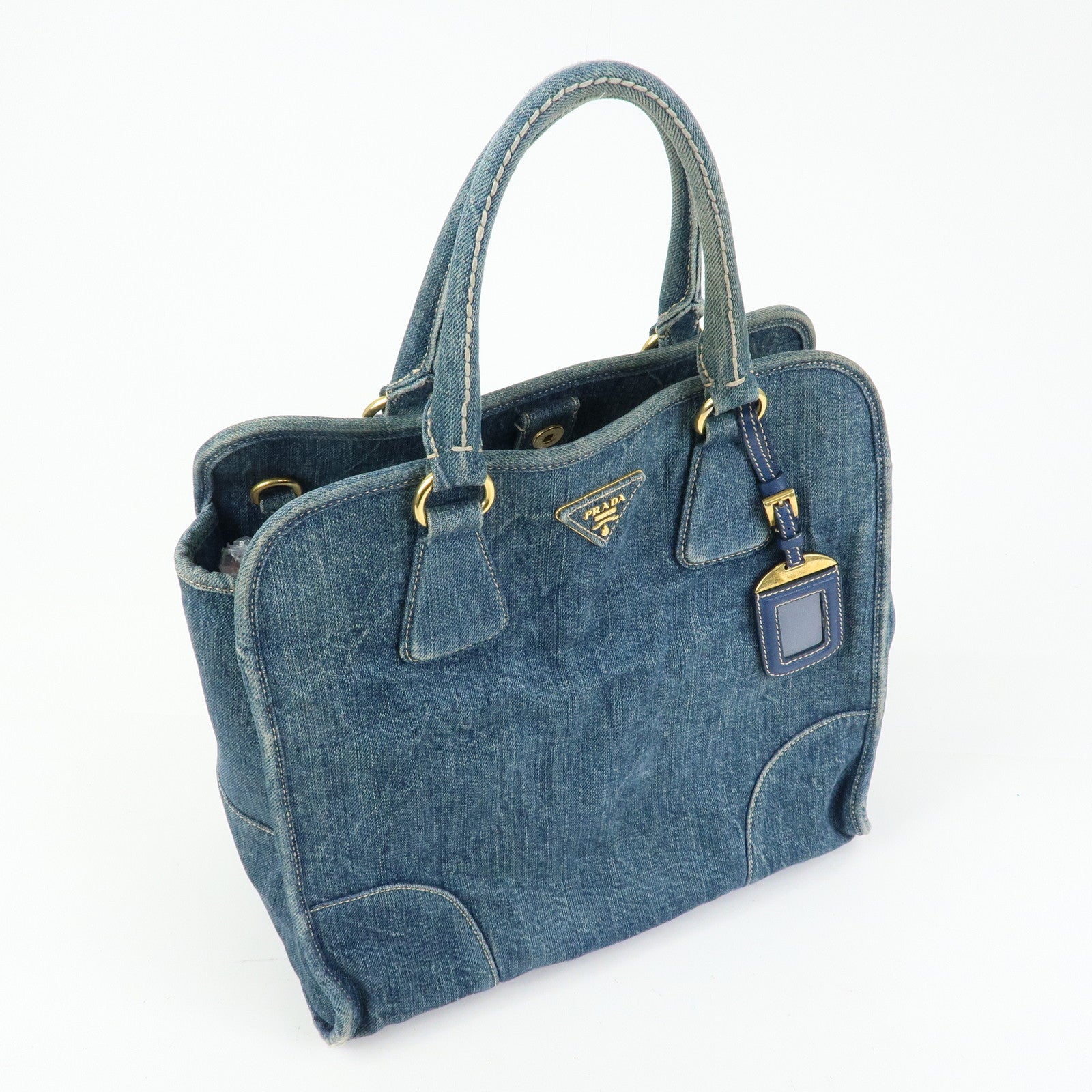 PRADA Triangle Logo Denim Tote Bag Hand Bag Blue BN2254