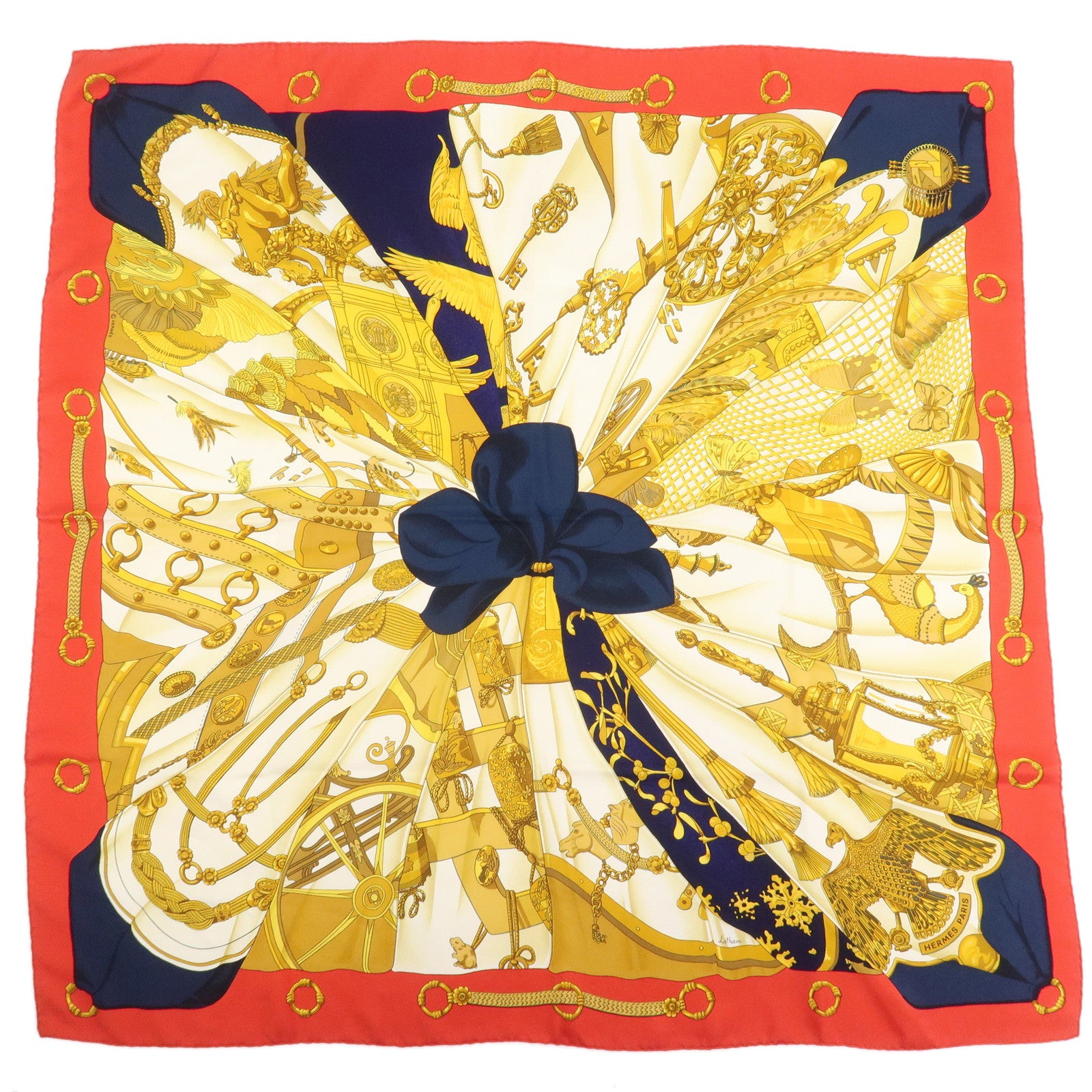 HERMES Carre 90 Silk 100% Scarf Soleil de Soie Gold Red Navy