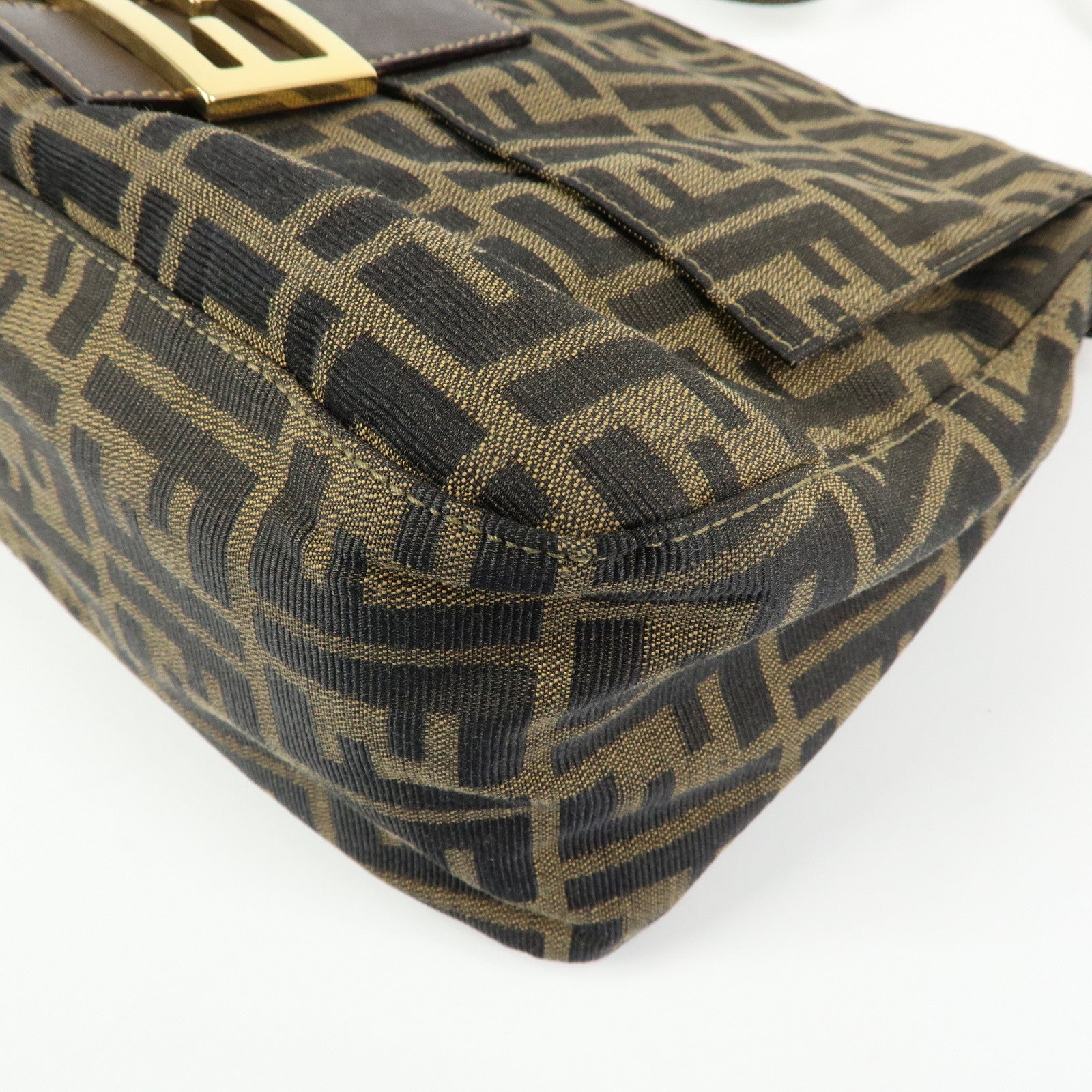FENDI Mamma Baguette Zucca Canvas Leather Shoulder Bag Brown 26325