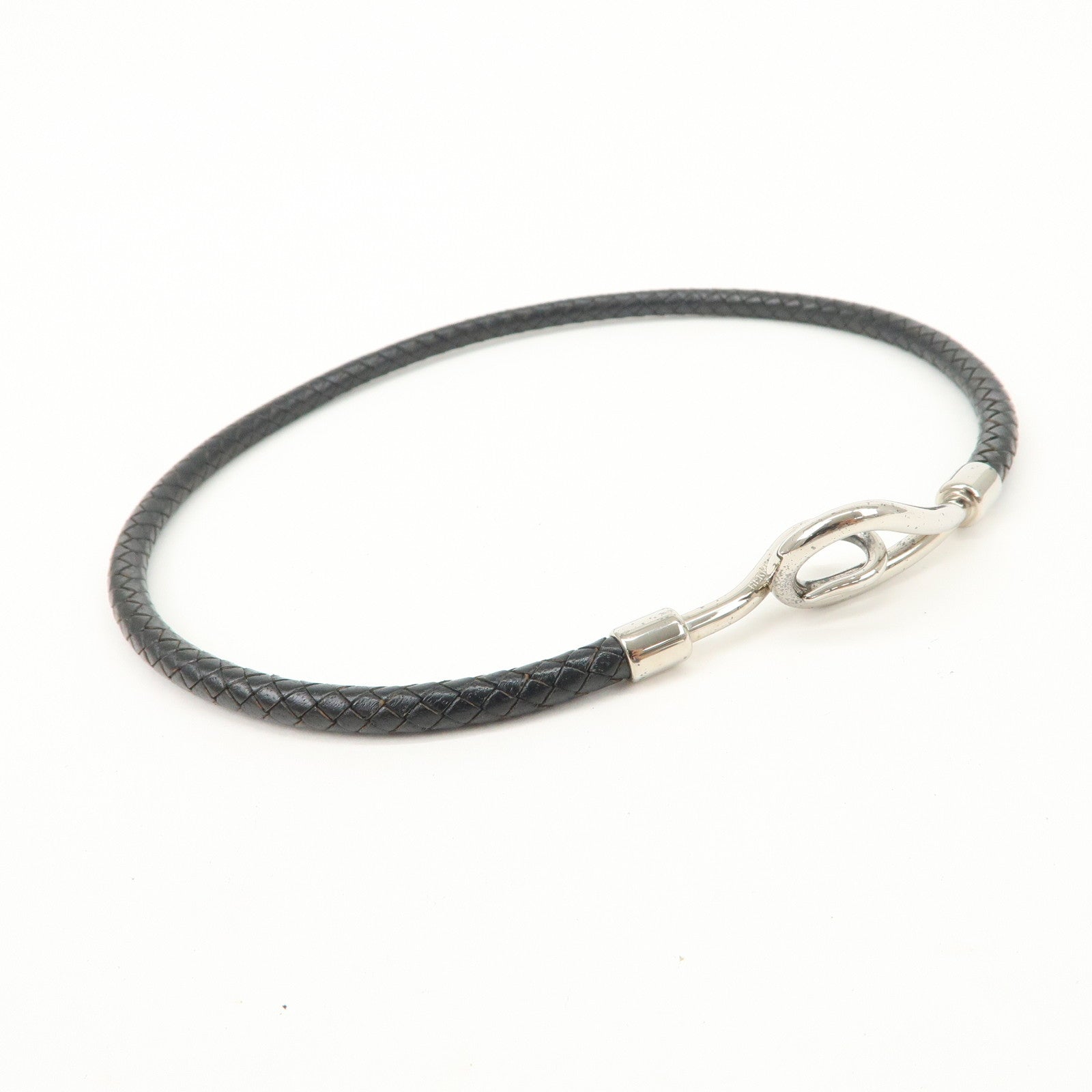 HERMES Leather Jumbo Choker Bracelet Black Silver HDW