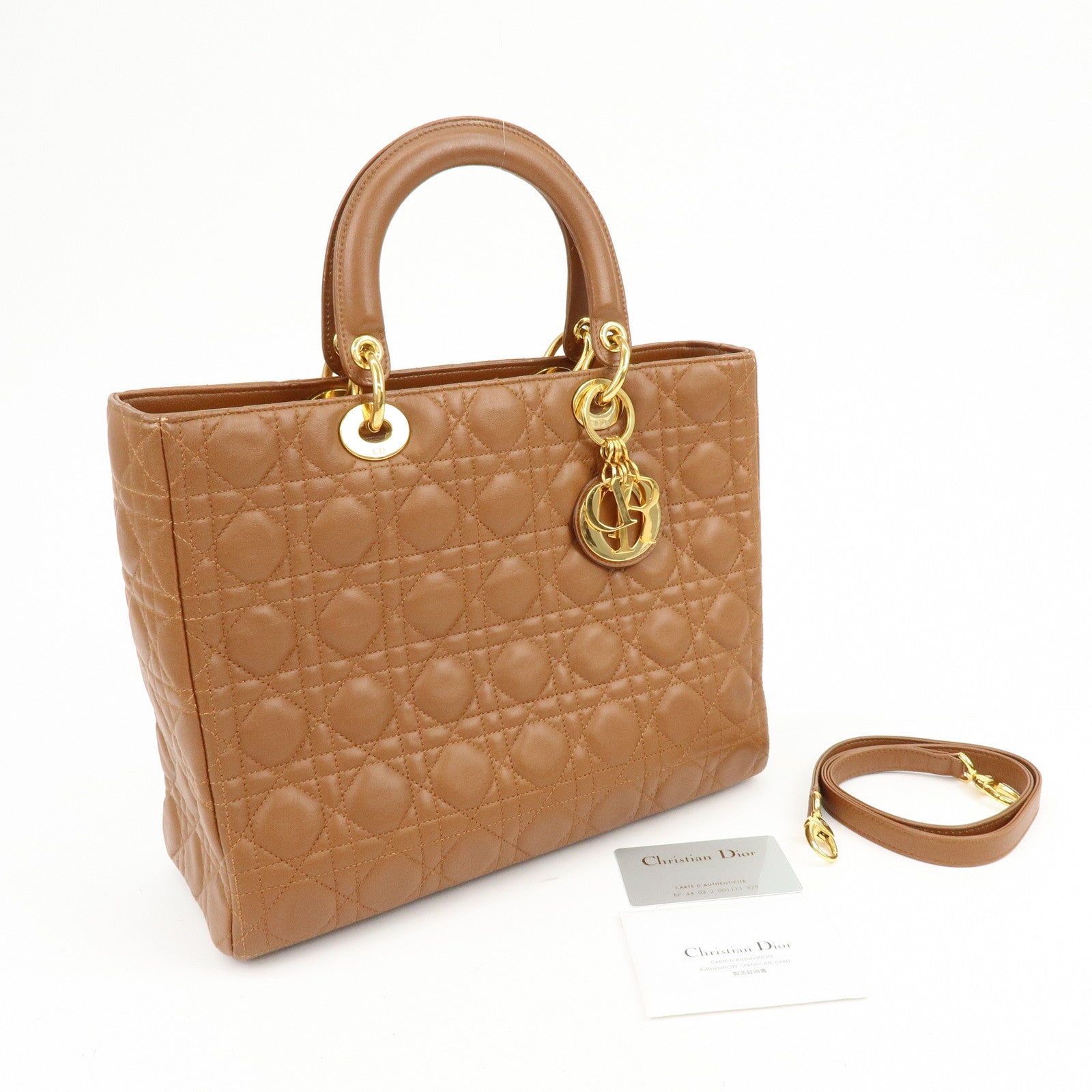 Christian Dior Cannage Large Lamb Skin 2Way Bag Hand Bag Camel