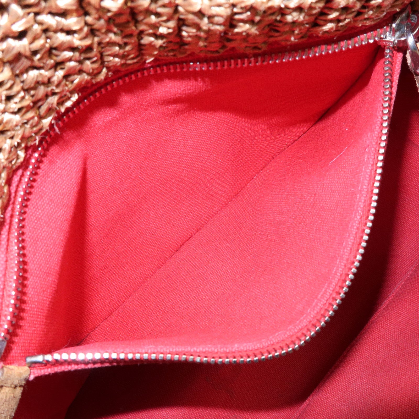 PRADA Triangle Logo Raffia 2Way Bag Hand Bag Shoulder Bag Red Brown