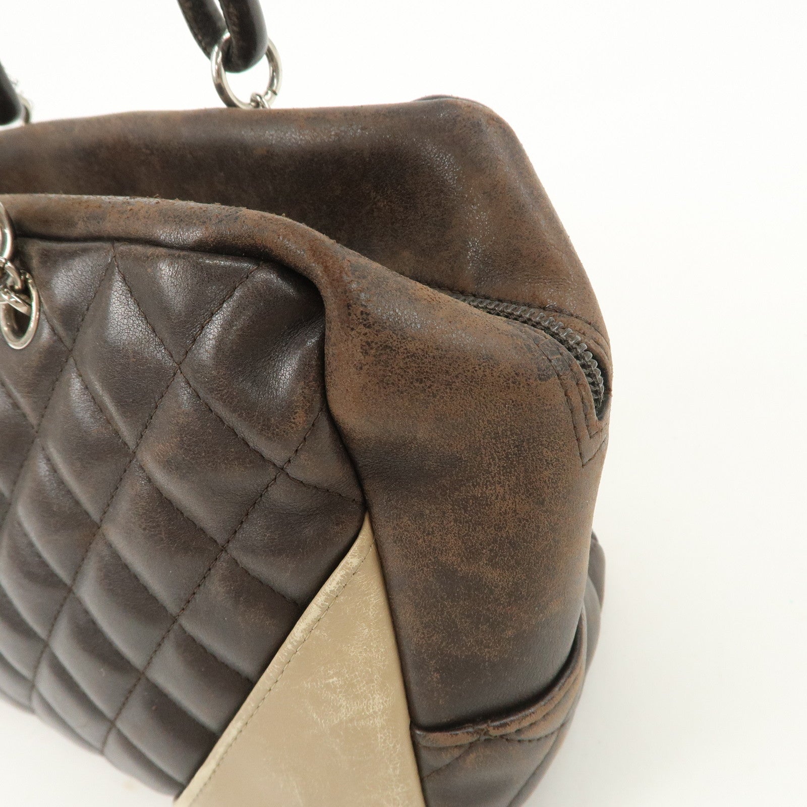 CHANEL Cambon Line Lamb Skin Bowling Bag Hand Bag Brown A25171 Used