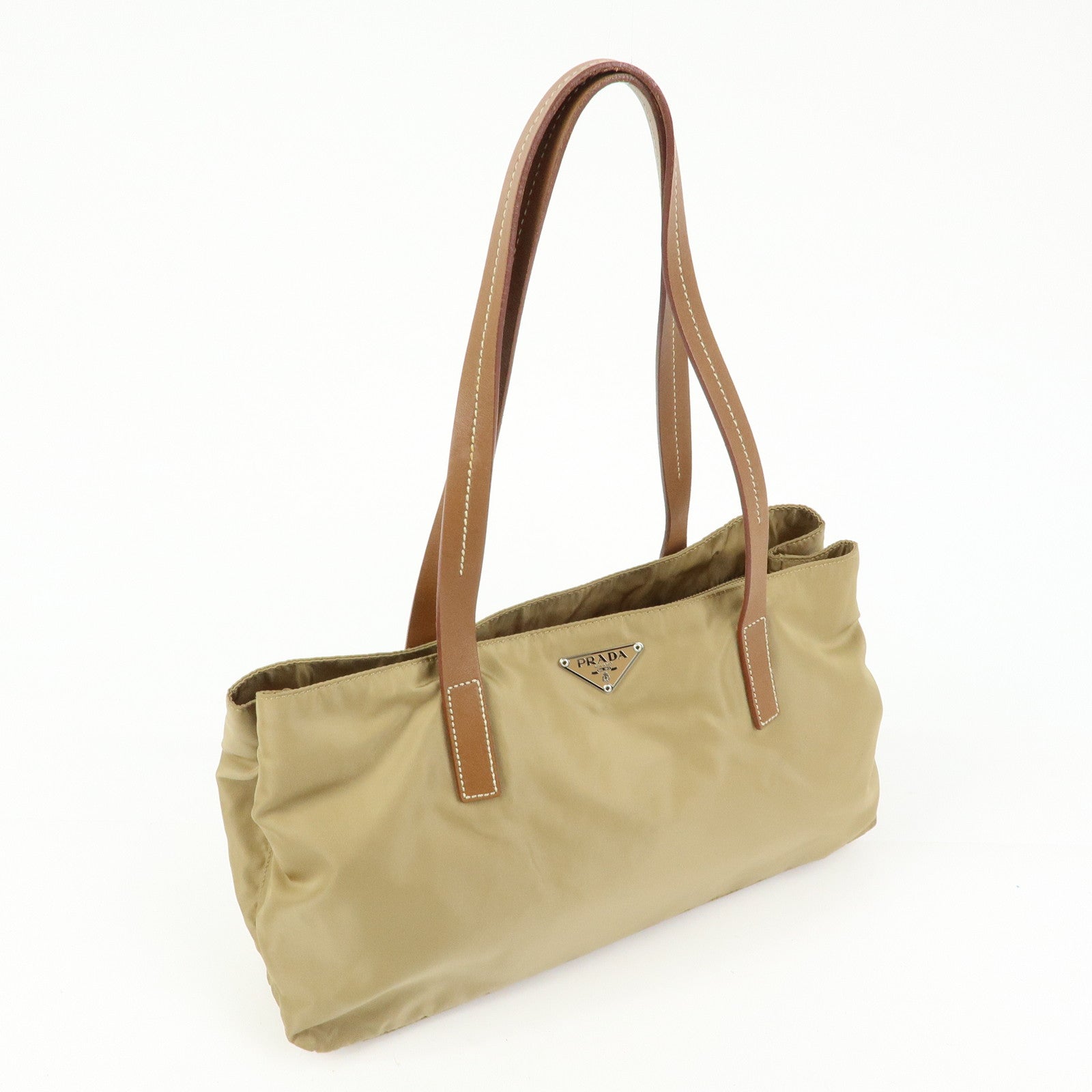 PRADA Triangle Logo Nylon Tote Bag Hand Bag Khaki Beige Brown