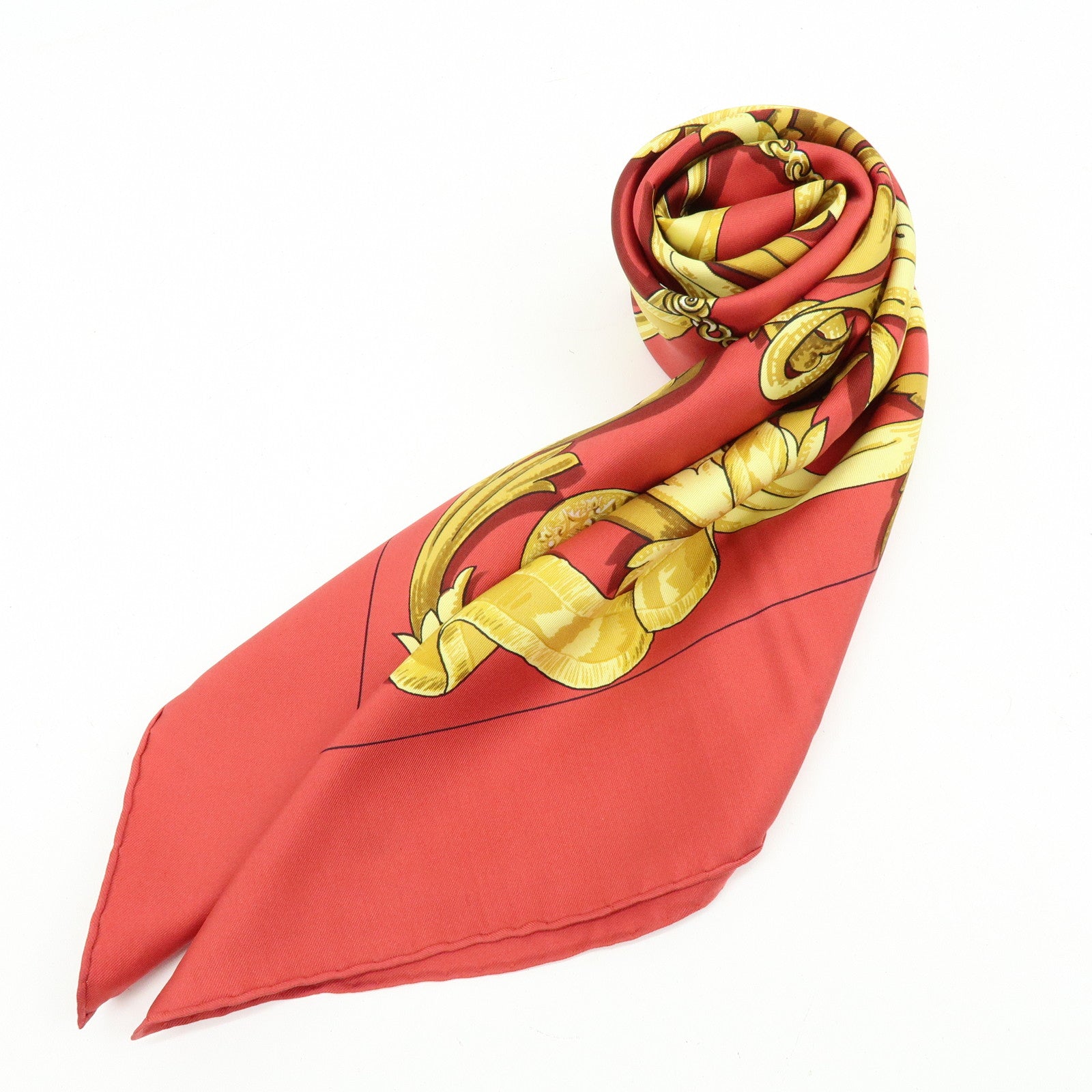 HERMES Carre 90 Silk 100% Scarf LE MORS A LA CONETABLE Red Gold