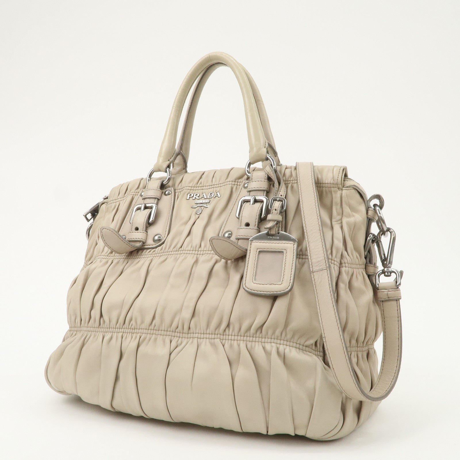PRADA Logo Leather Gathered 2Way Hand Bag Beige BN1336