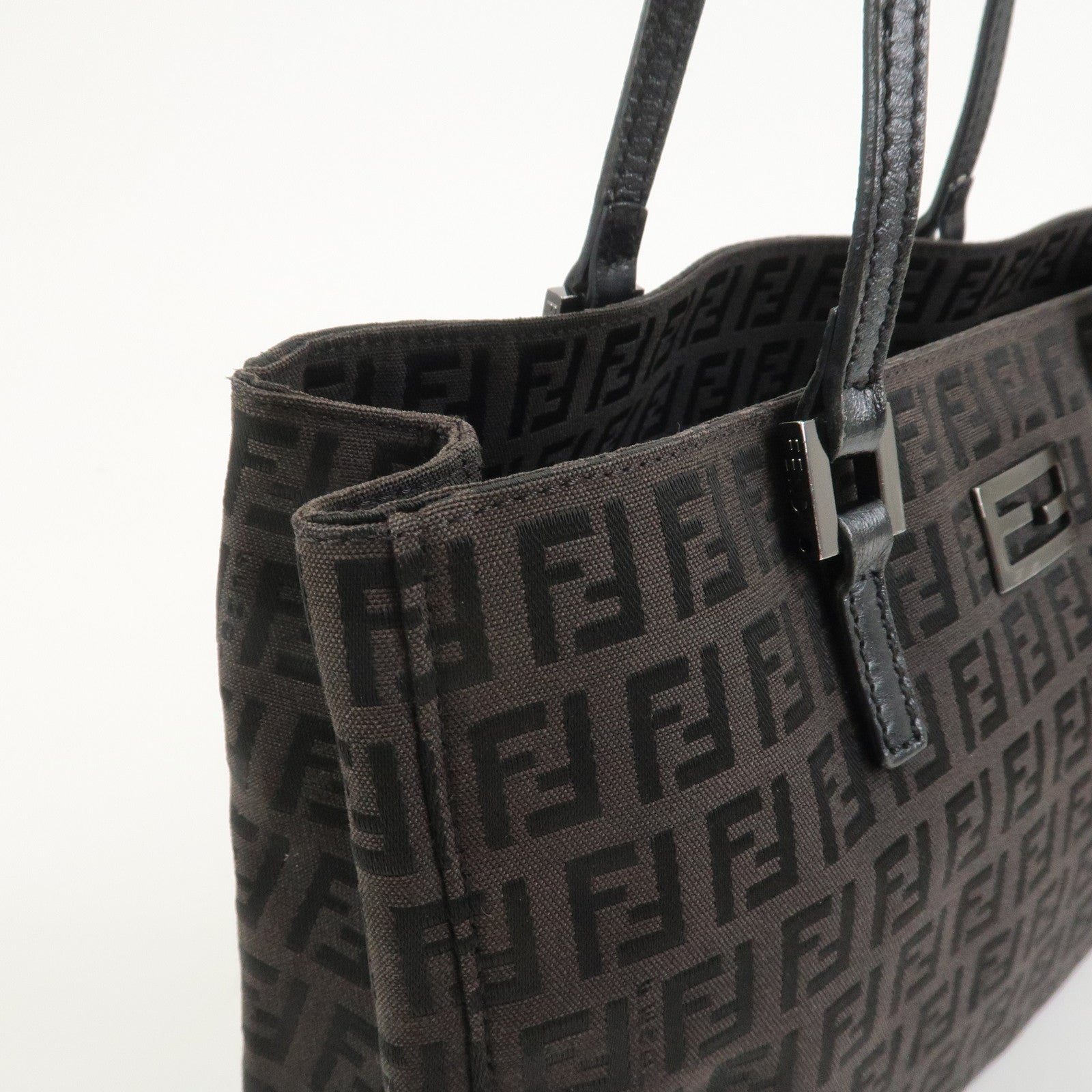 FENDI Zucchino Canvas Leather Hand Bag Tote Bag Dark Brown 8BH132