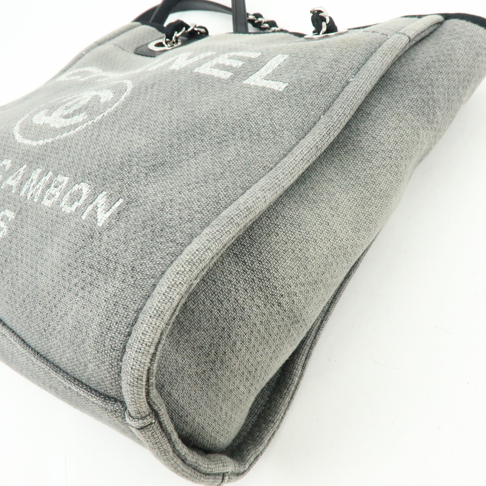 CHANEL Deauville PM Canvas Leather Chain Tote Bag Grey A66939