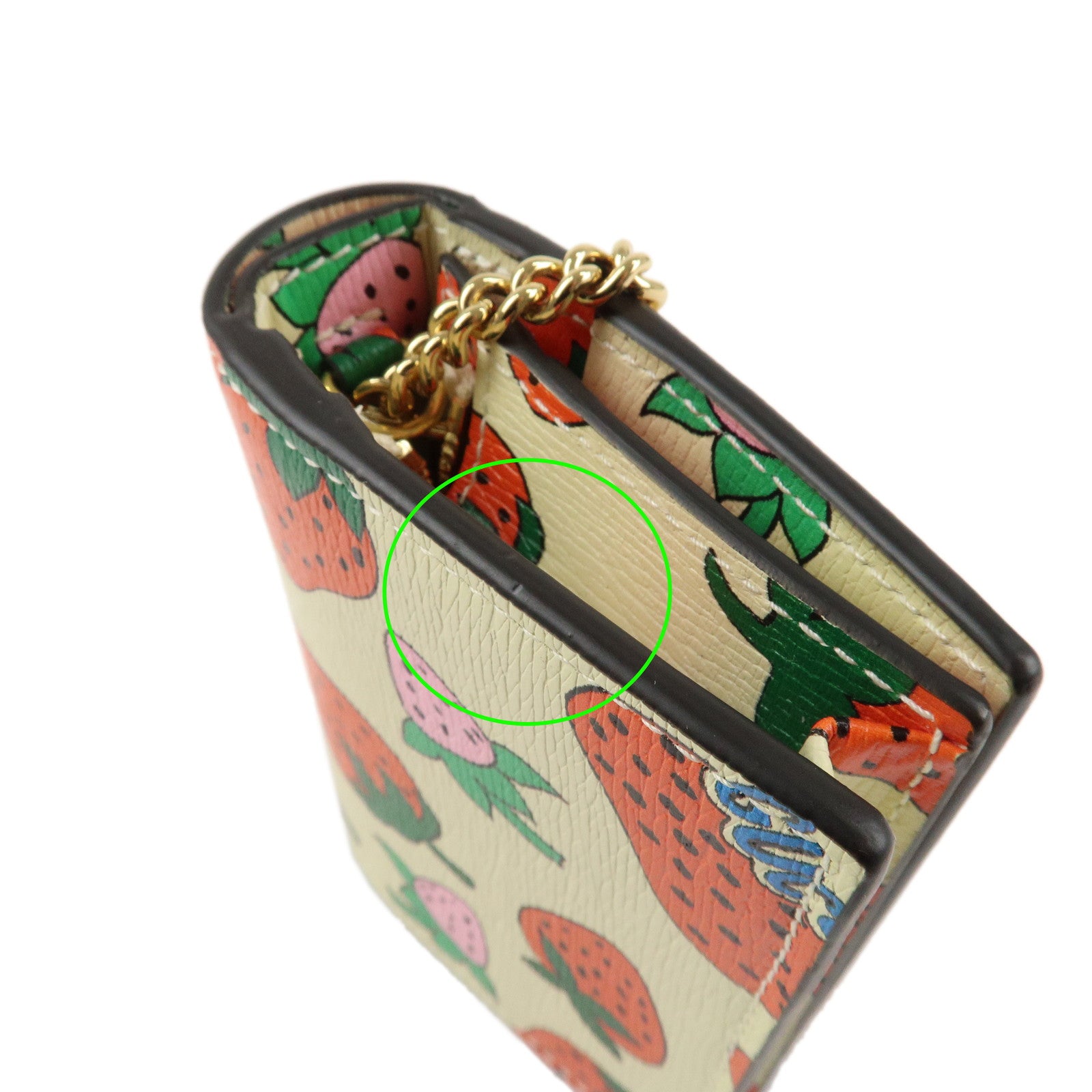 GUCCI Zumi Leather Strawberry Mini Chain Wallet Creme Green Red 570669 Used