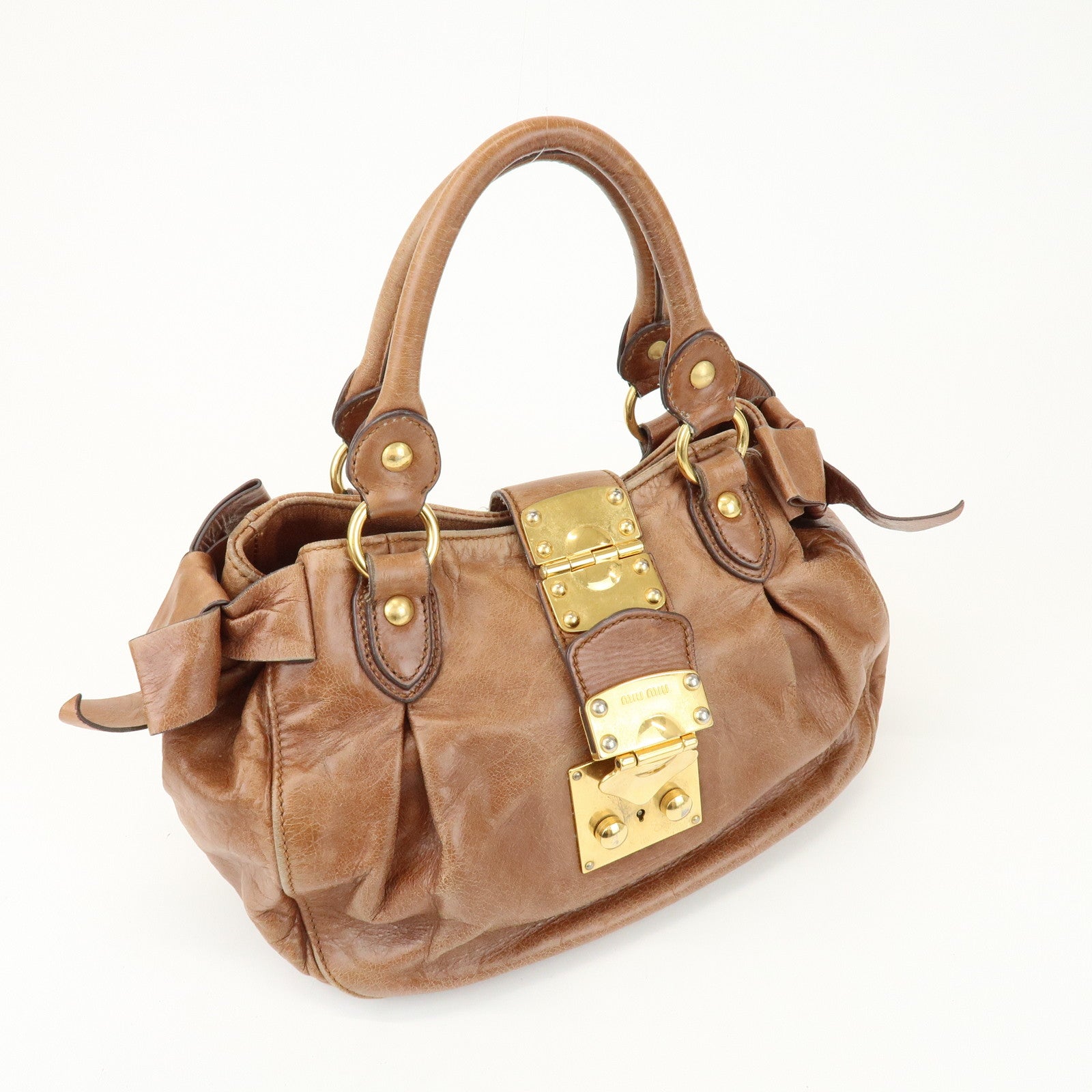 MIU MIU Leather Side Ribbon 2Way Shoulder Bag Hand Bag Brown RN0686