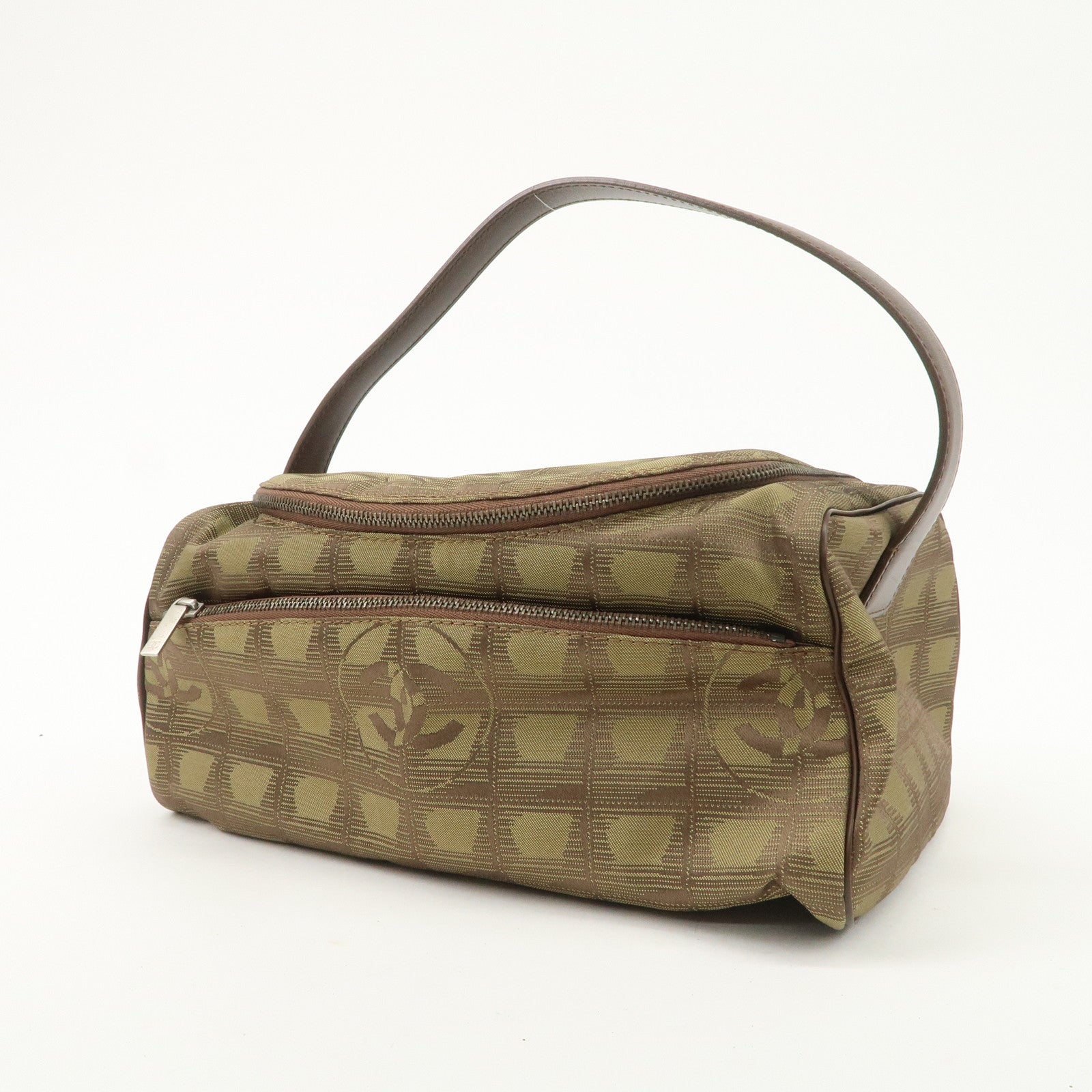 CCHANEL New Travel Line Nylon Jacquard Leather Vanity Bag Khaki A15829 Used