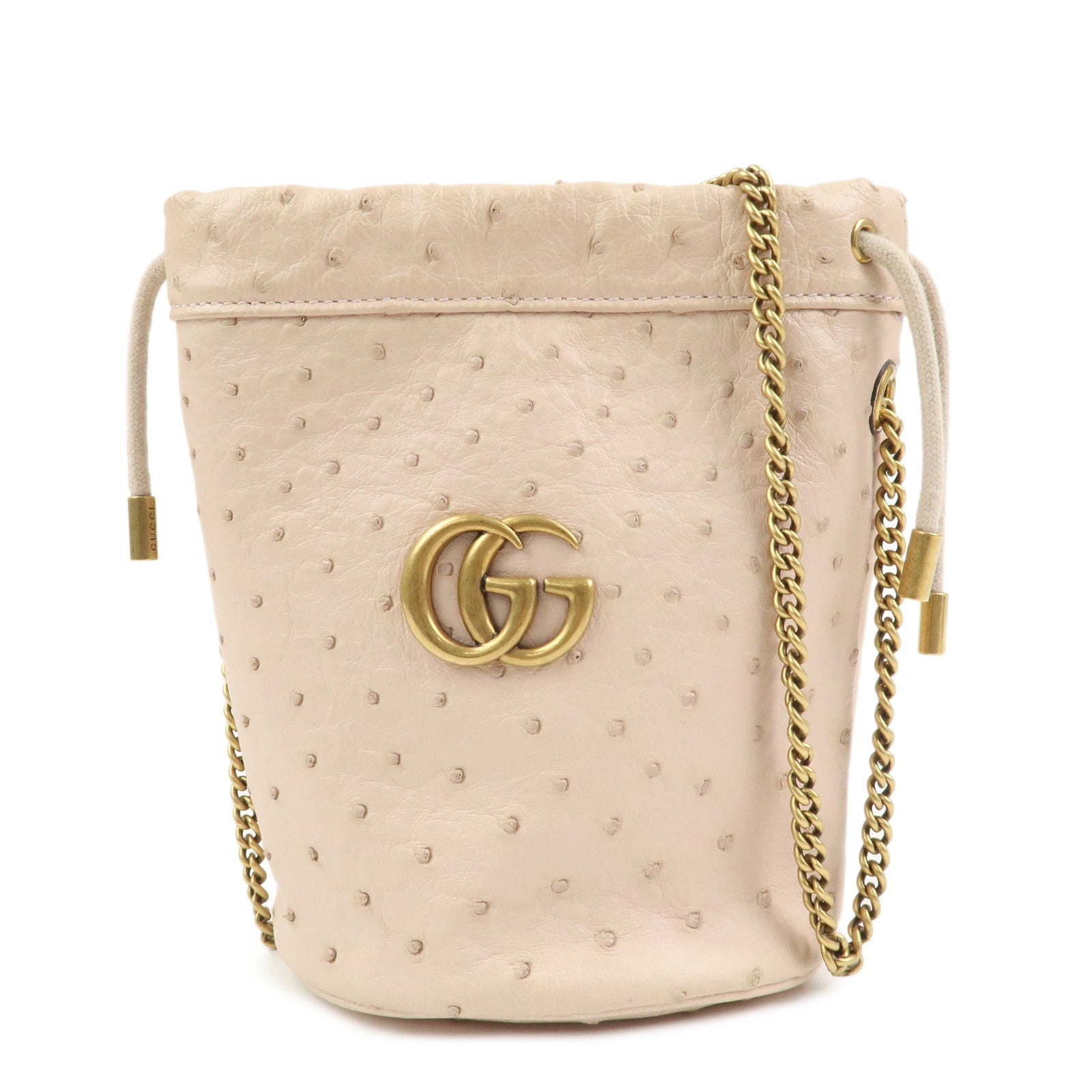 GUCCI GG Marmont Ostrich Leather Mini Bucket Chain Bag Ivory 575163