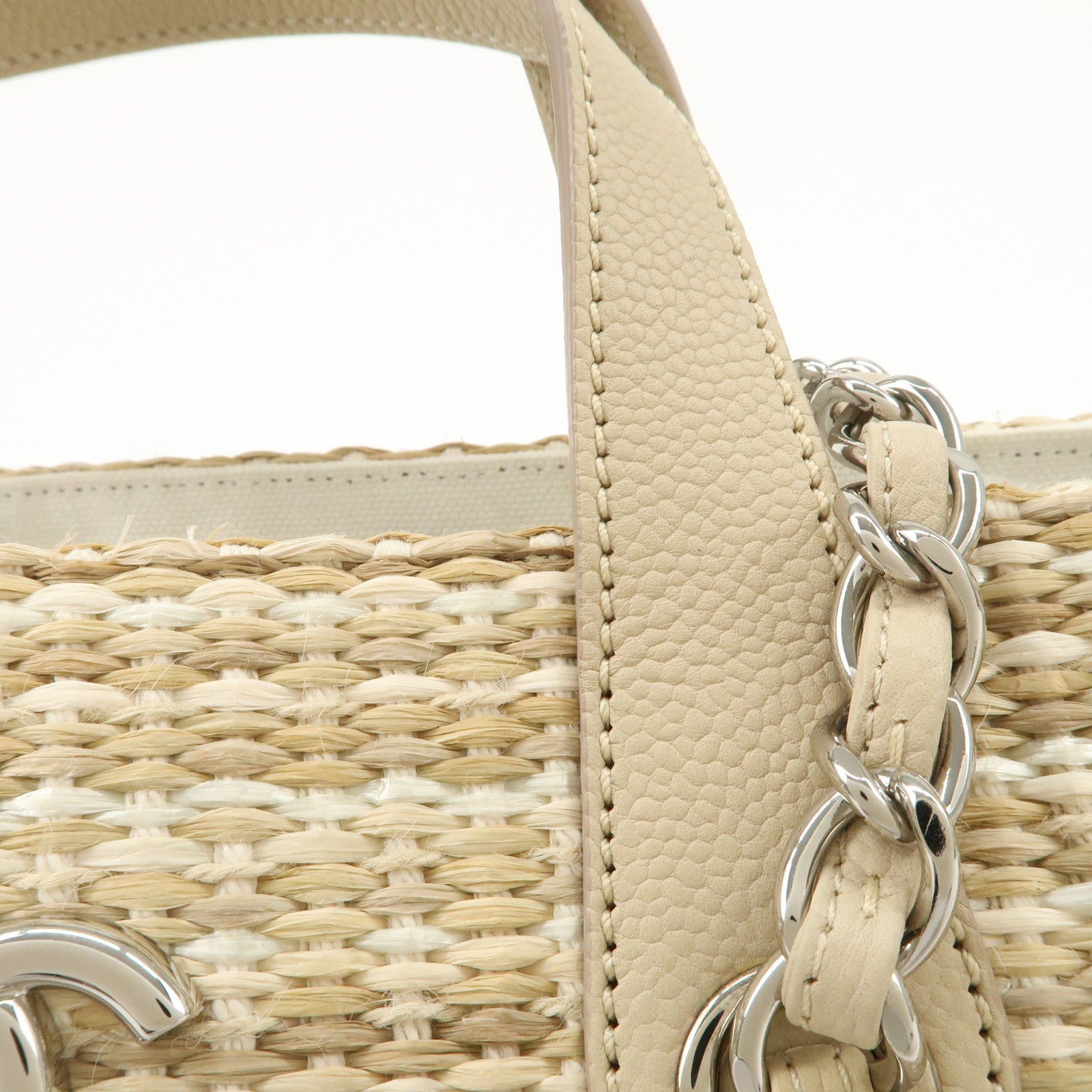 CHANEL Lether Raffia 2Way Bag Shoulder Bag Hand Bag Beige