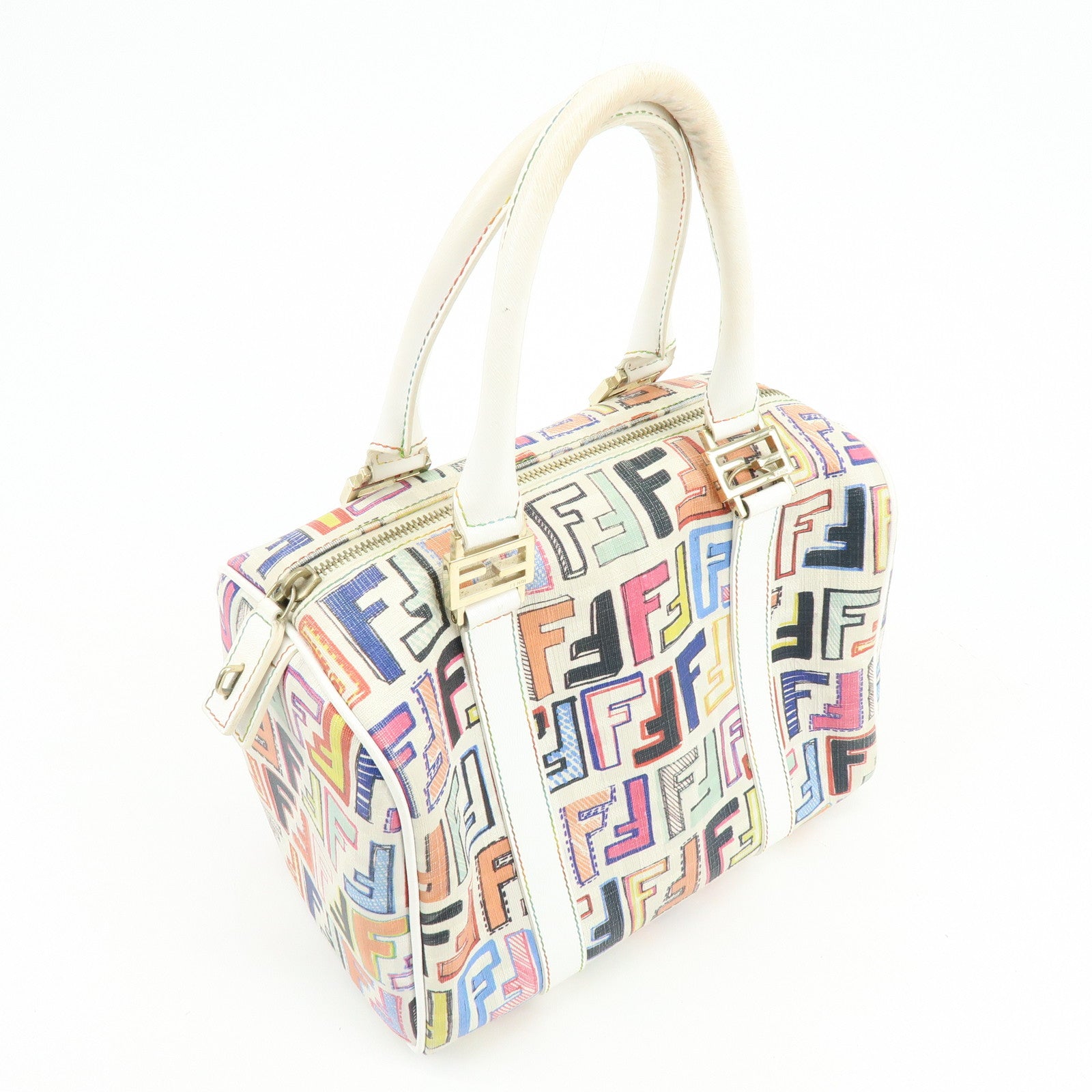 FENDI Zucca PVC Canvas Leather Boston Bag White Multicolor 8BL068