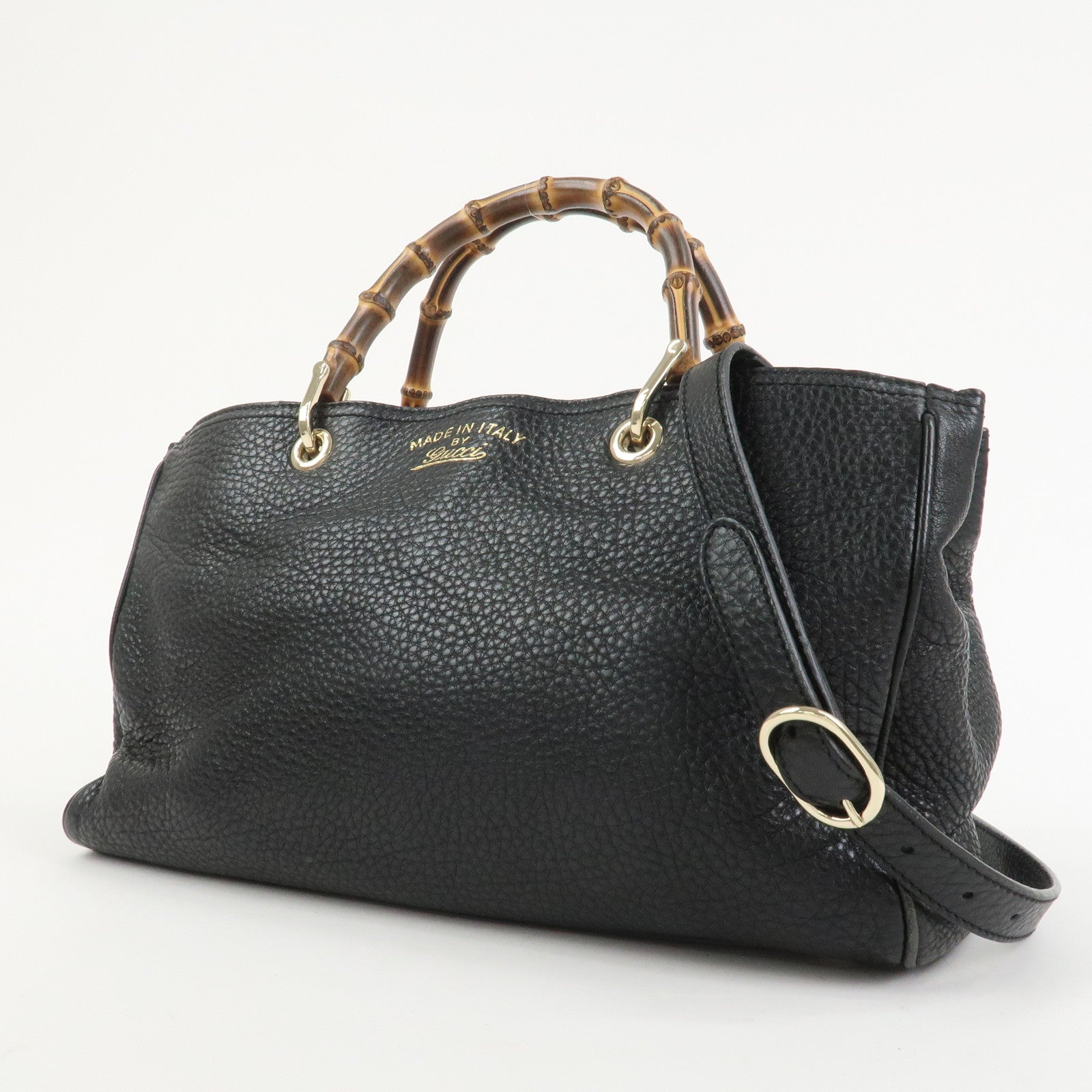GUCCI Bamboo Shopper Medium Leather 2Way Shoulder Bag Black 323660