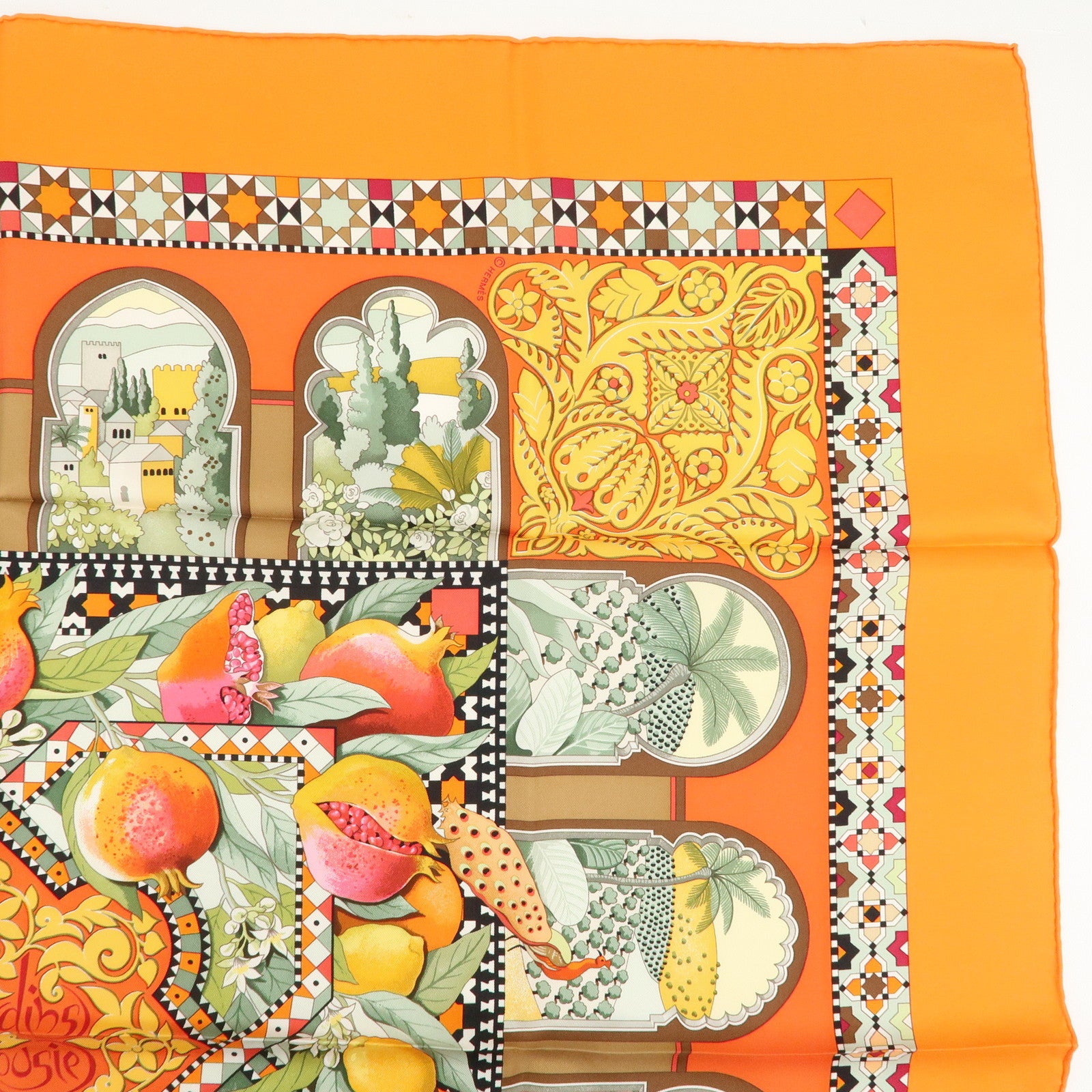 HERMES Carre 90 Silk 100% Les Jardins d’ Andalousie Scarf Oragne