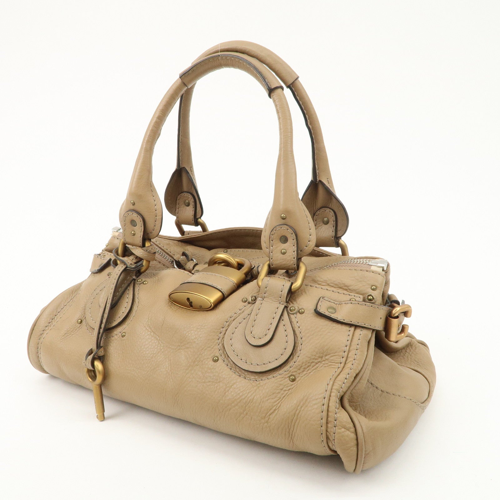 Chloe Paddington Leather Hand Bag Shoulder Bag Medium Beige Used