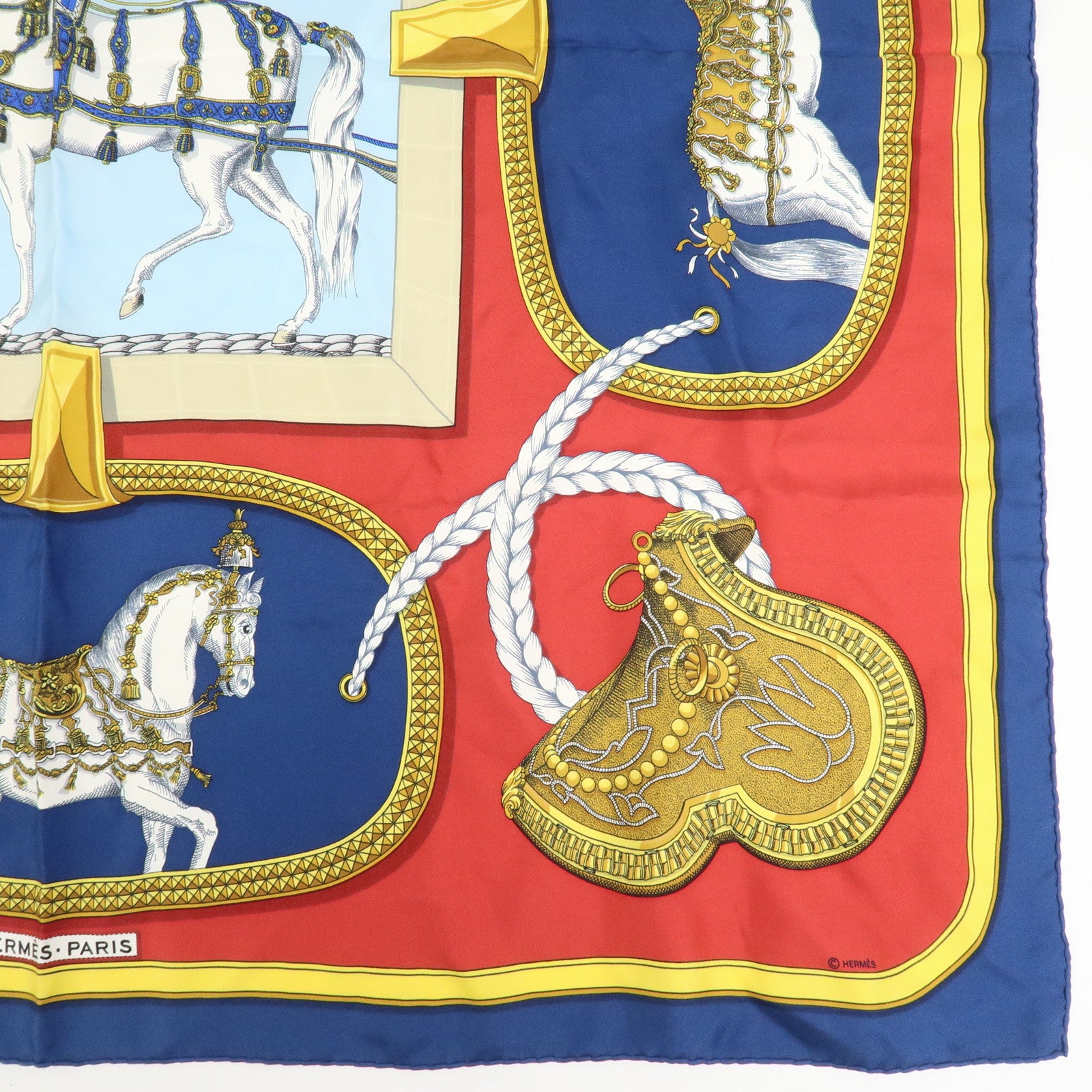 HERMES Carre 90 Silk 100% Scarf GRAND APPARAT Red Navy