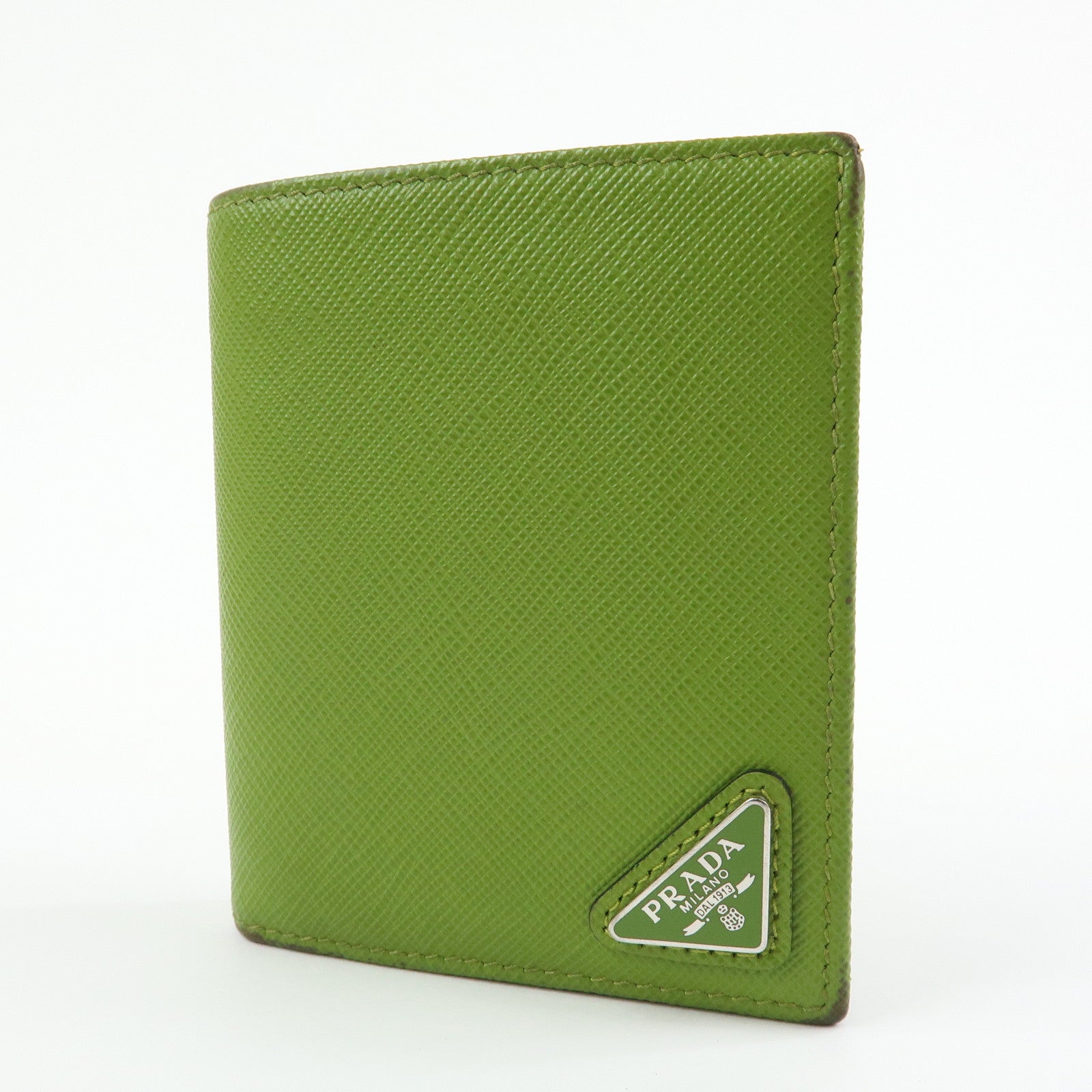 PRADA Triangle Logo Saffiano Leather Compact Wallet Light Green