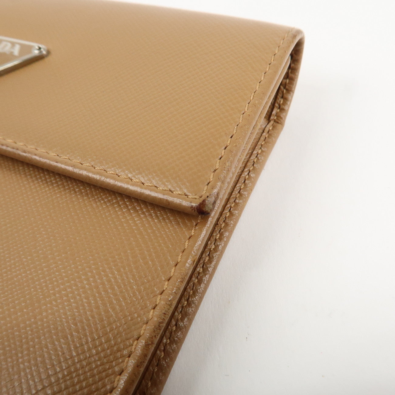 PRADA Triangle Logo Saffiano Leather Trifold Wallet Brown Used