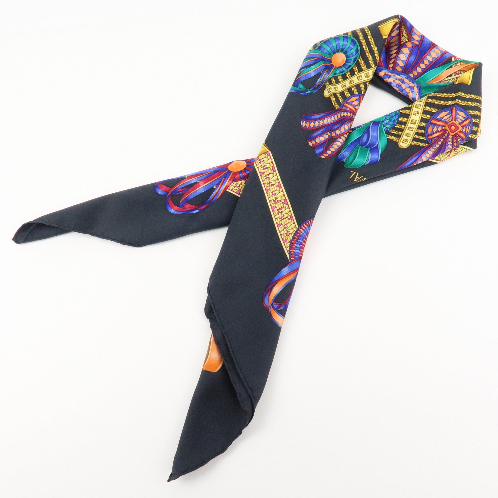 HERMES Carre90 Silk 100% Scarf Black Yellow Used