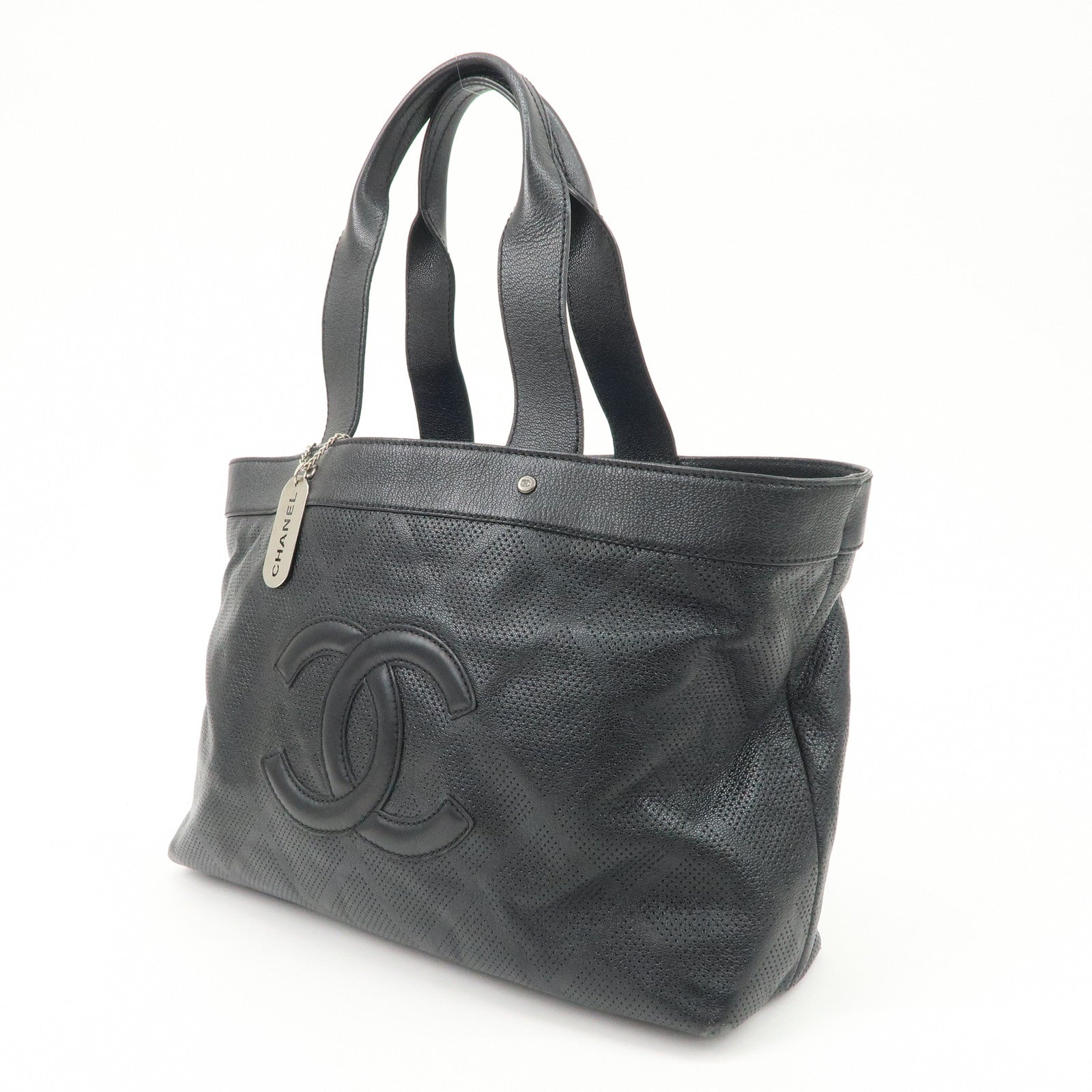 CHANEL COCO Mark Calf Leather Punching Tote Bag Black A33936 Used