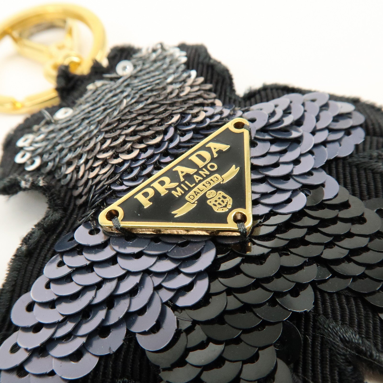 PRADA Bear Motif Canvas Sequins Bag Charm Key Holder Black Silver