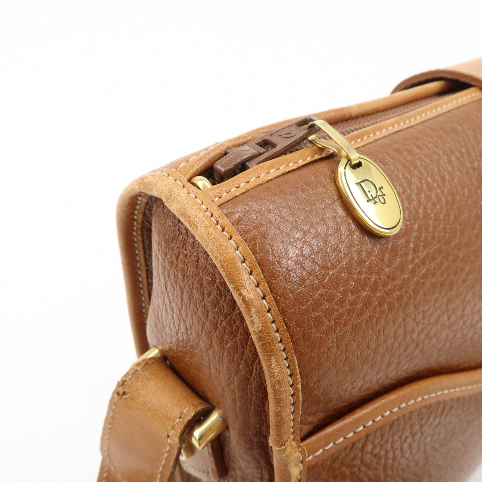 Christian Dior Logo Leather Shoulder Bag Brown Gold HDW