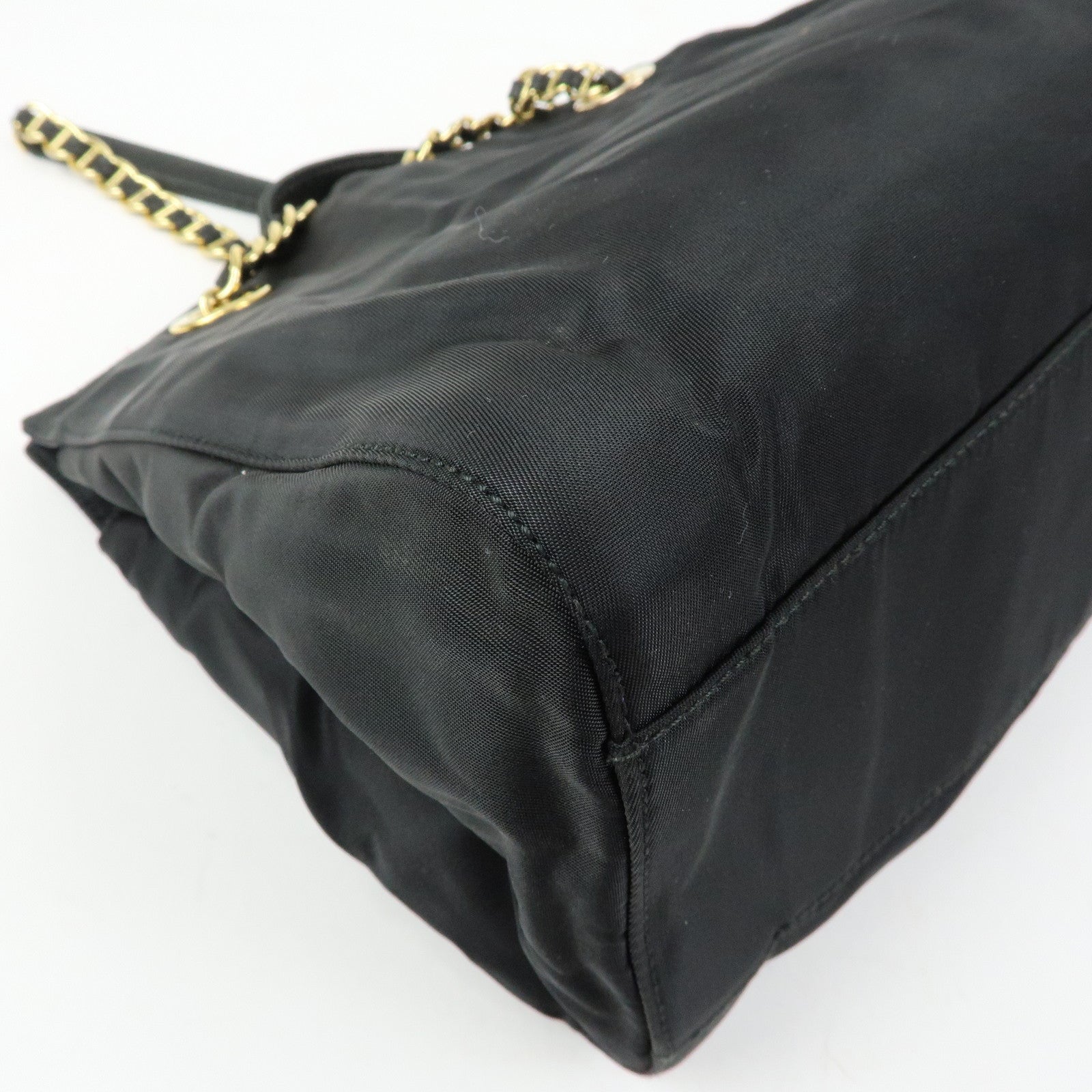 PRADA Triangle Logo Nylon Leather Chain Shoulder Bag Black B4394