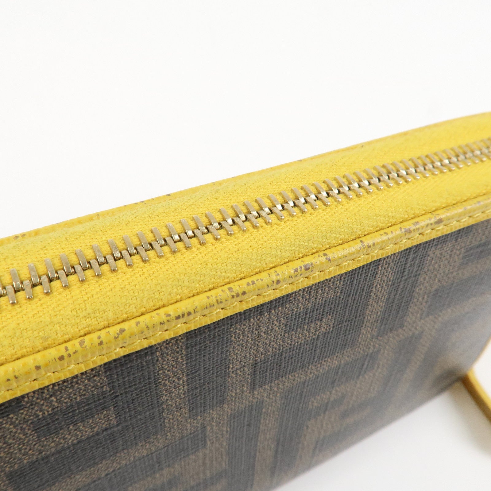 FENDI Zucca PVC Leather Round Zippy Long Wallet Brown Yellow 8M0299 Used