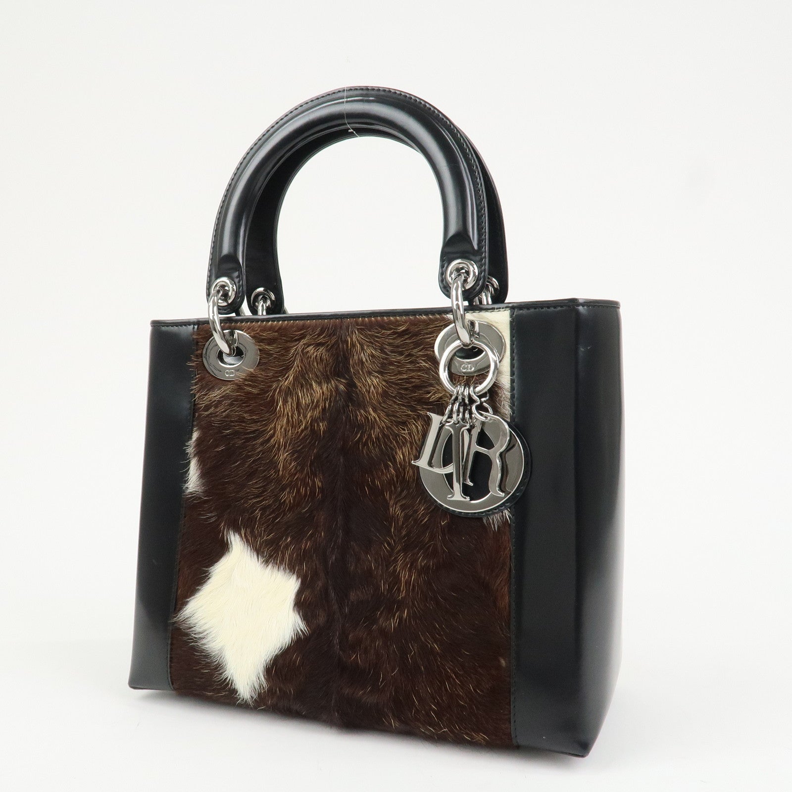 Christian Dior Lady Dior Unborn Calf Patent Leather Hand Bag Black