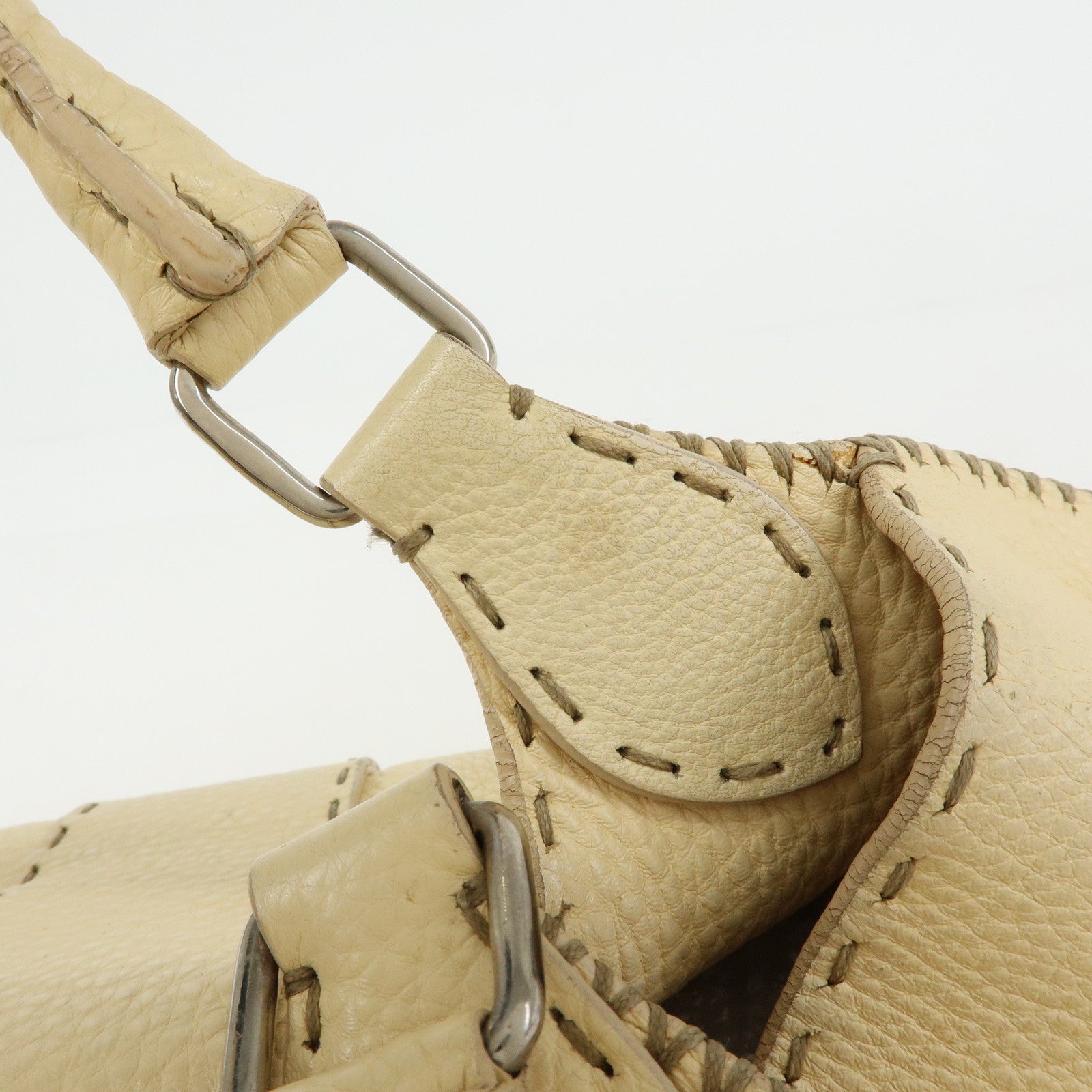 FENDI Selleria Leather Hand Bag Shoulder Bag Cream 8BR457