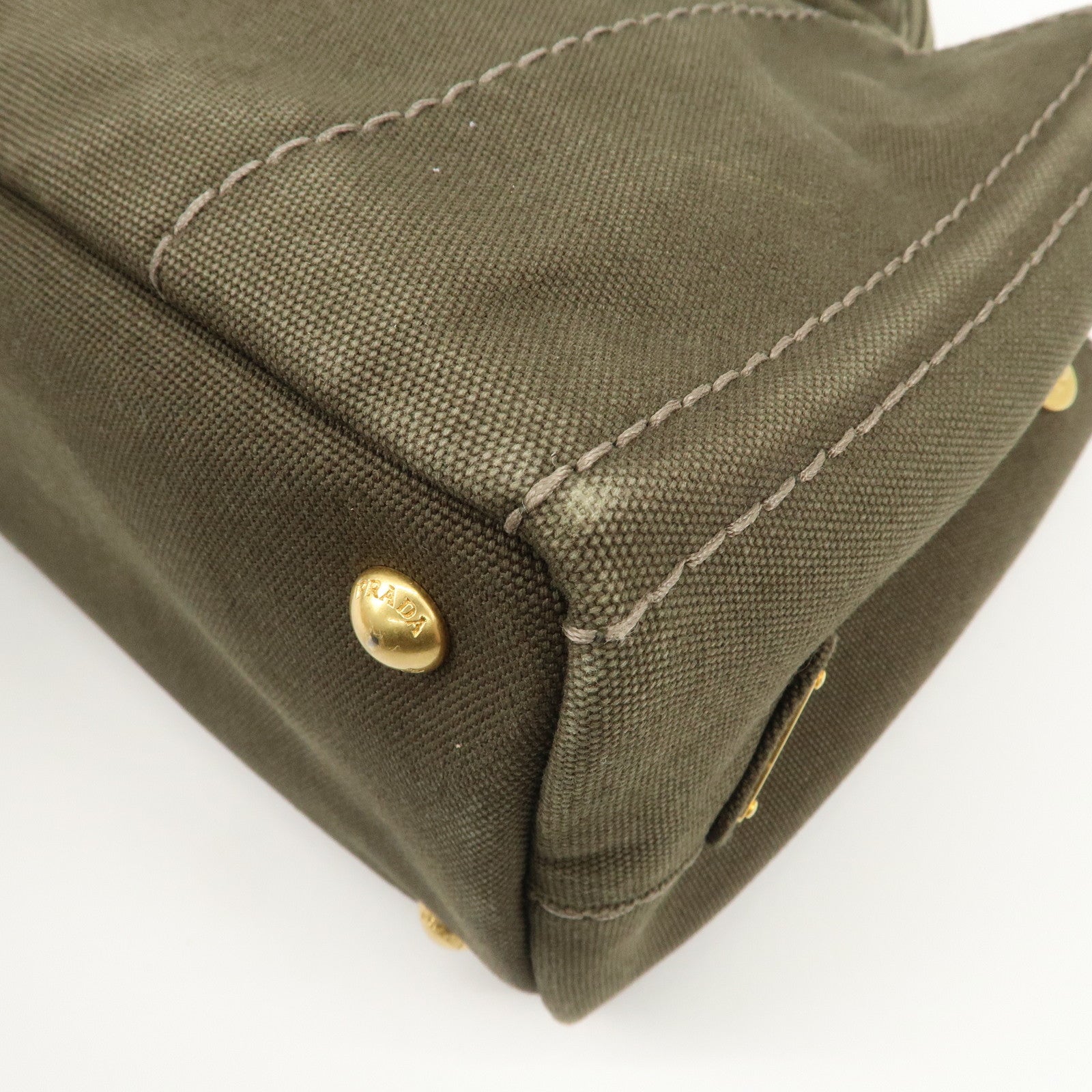 PRADA Canapa Mini Canvas Bag Hand Bag Tote Bag Khaki BN2439 Used