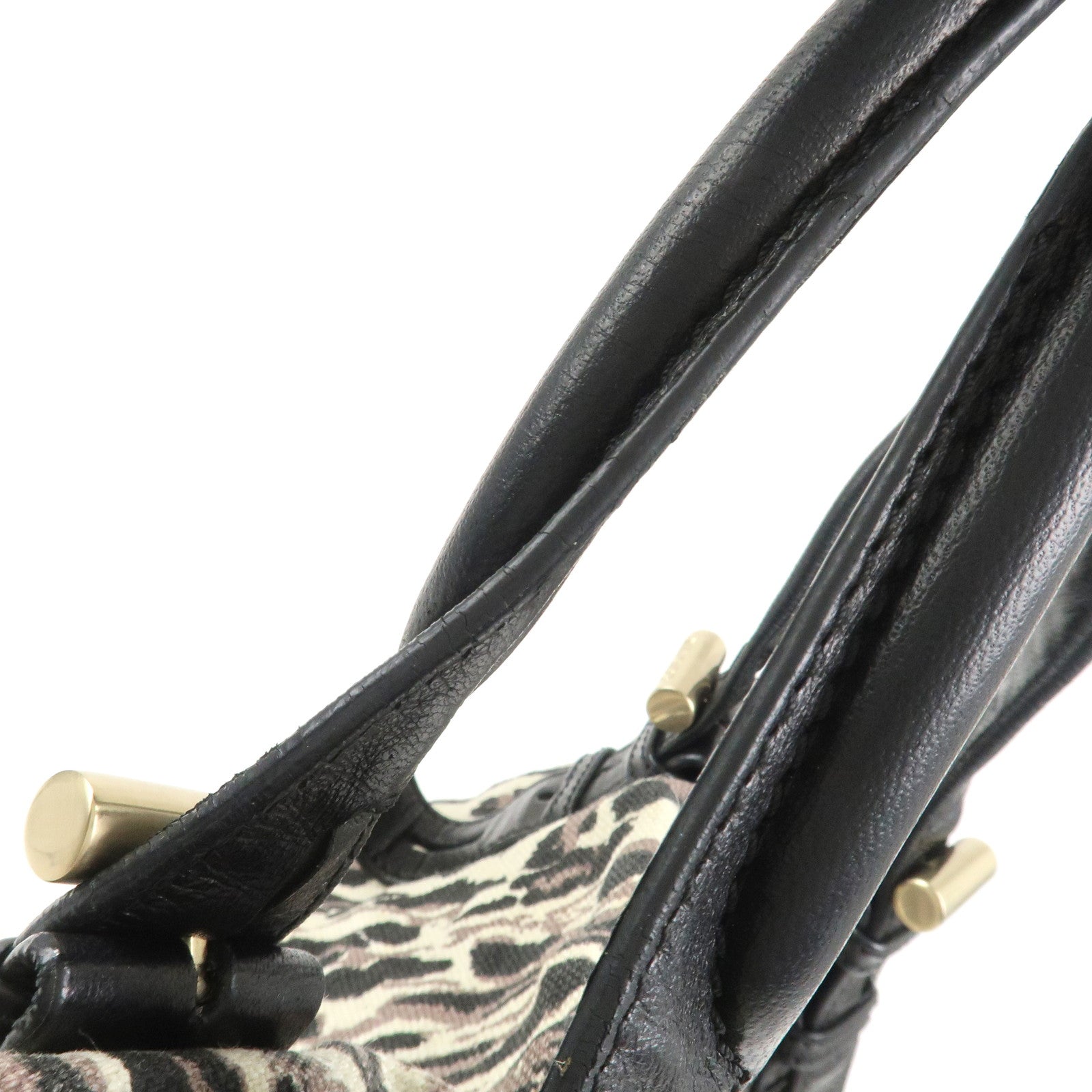 JIMMY CHOO Leopard Canvas Leather Tote Bag Shoulder Bag Ivory Black