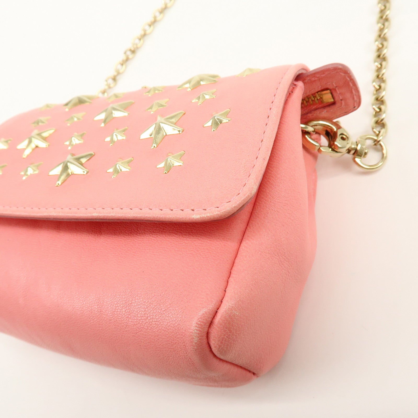 JIMMY CHOO Studs Leather Chain Shoulder Bag Crossbody Bag Pink