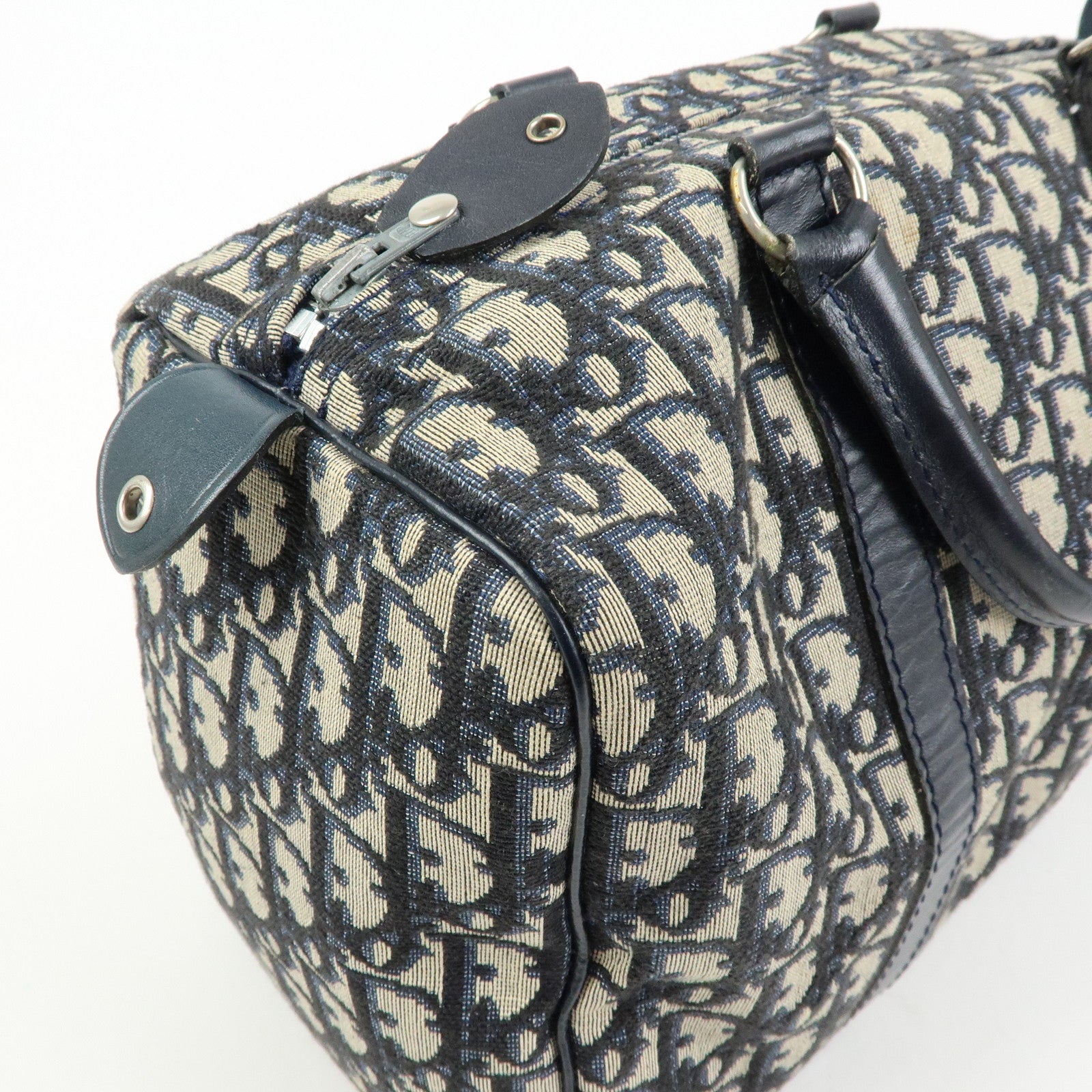 Christian Dior Trotter Jacquard Leather Boston Bag Hand Bag Navy